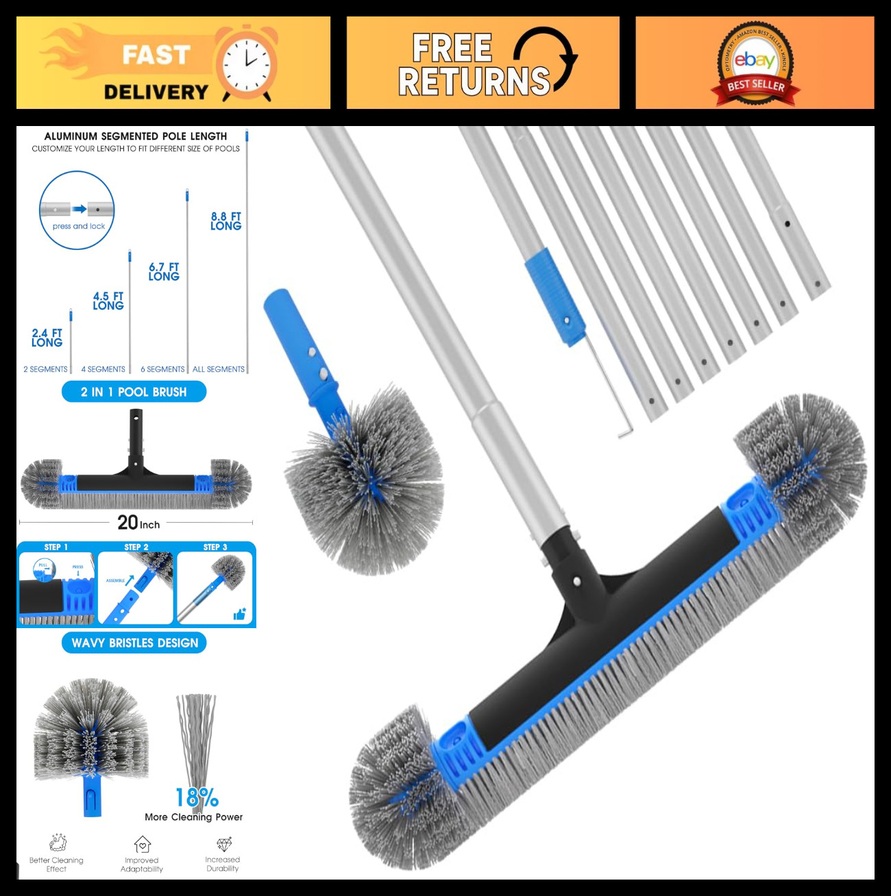 Heavy Duty 20&Prime; 2-in-1 Pool Brush Set with Extra Side Brush & 9FT Extendable Pole