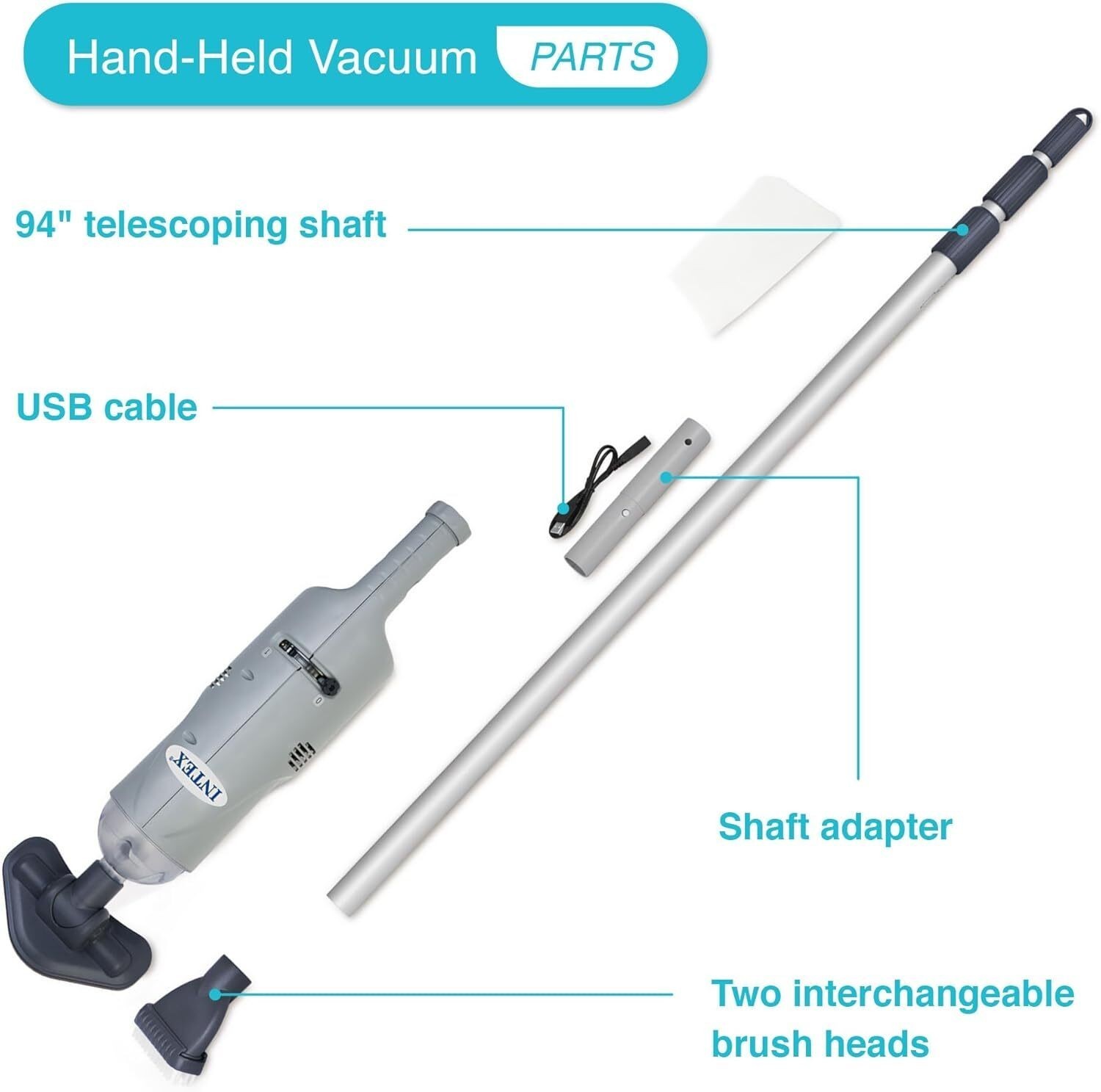 Handheld Pool Vacuum Cleaner Rechargeable 94 Inch Telescoping Shaft Gray