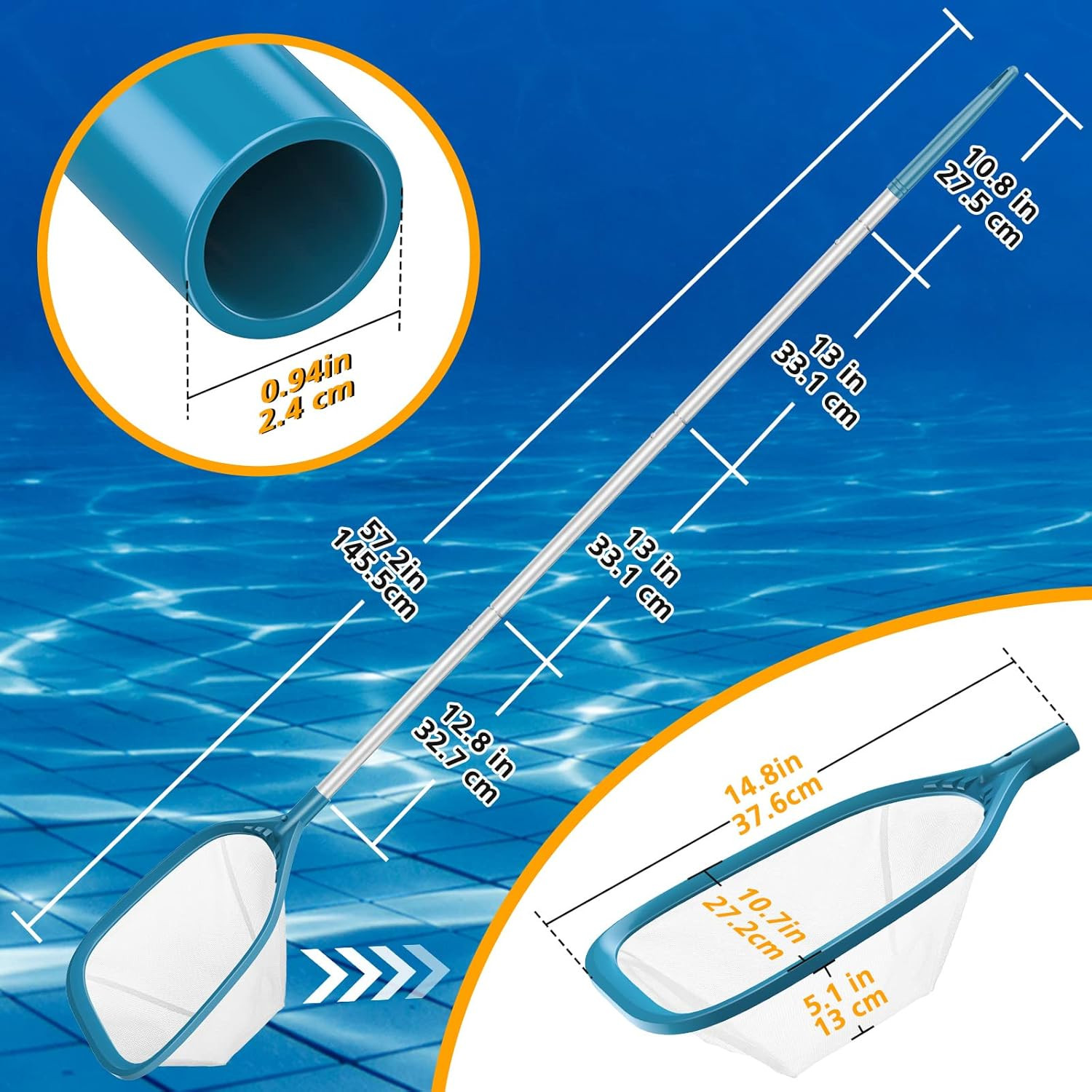 Professional Pool Skimmer Net 57 Inch with 4 Aluminum Poles – Efficient Cleaning