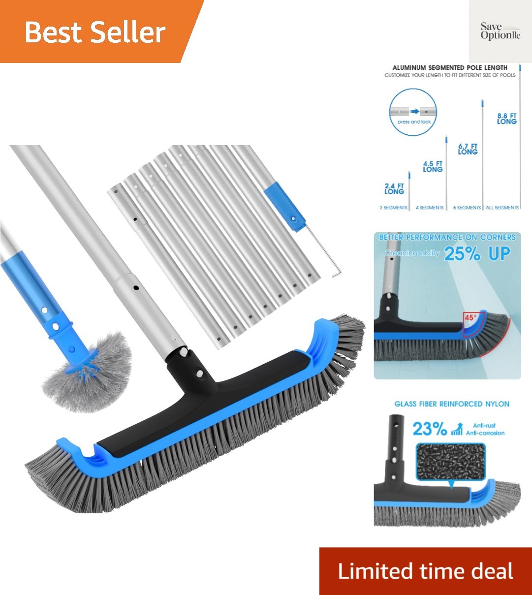 2 in 1 Multifunctional Pool Brush with 10 FT Poles – 17.5 » Heavy Duty Swimmi…