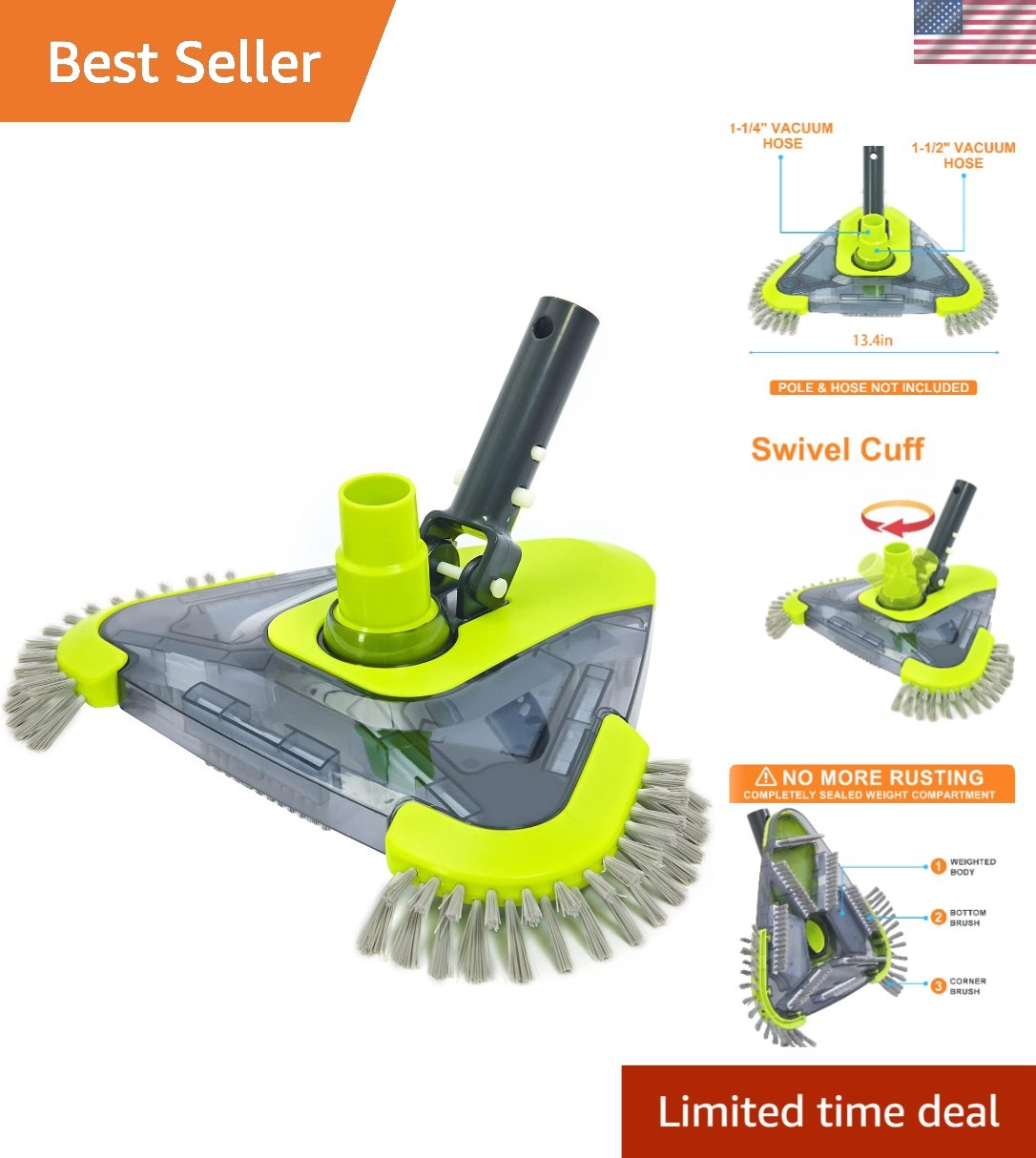 Upgrade Your Pool Cleaning – Triangular Vacuum Head with Side Brush & 2 Adapters