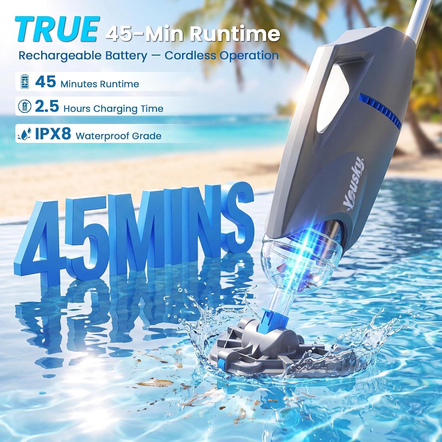 Cordless Handheld Pool Vacuum Grey Vako H10 18.5GPM Strong Suction 45 Min