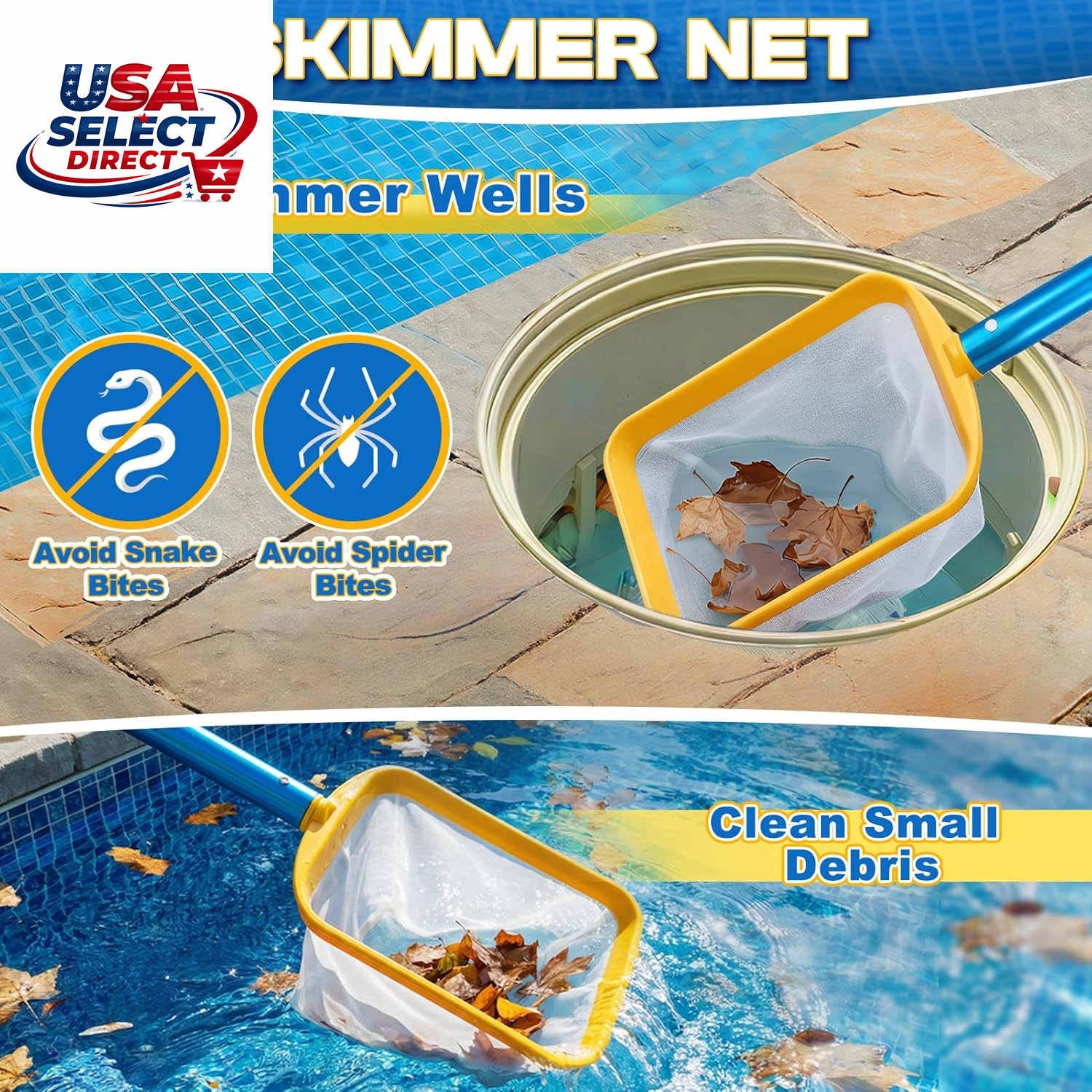 50In 2-In-1 Pool Skimmer Tool with Stainless Steel Hook & Fine Mesh Net