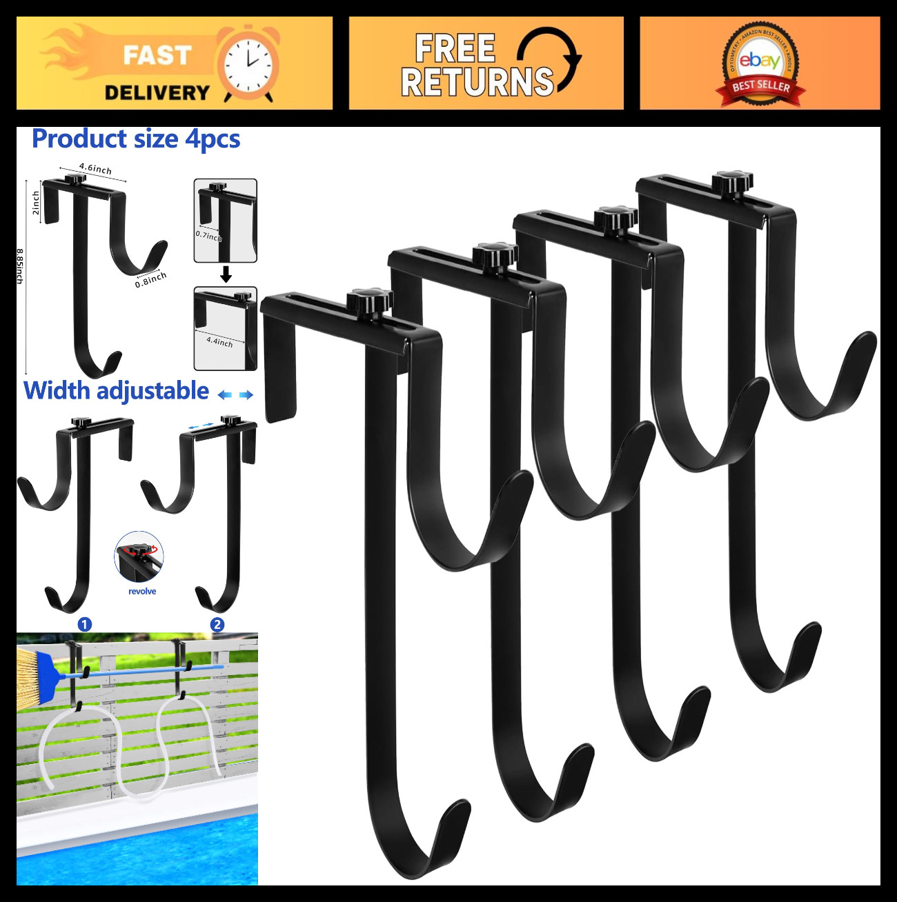 4 Pcs Adjustable Pool Fence Hooks, Rustproof Hanger for Skimmer Pole, Tools & Ne