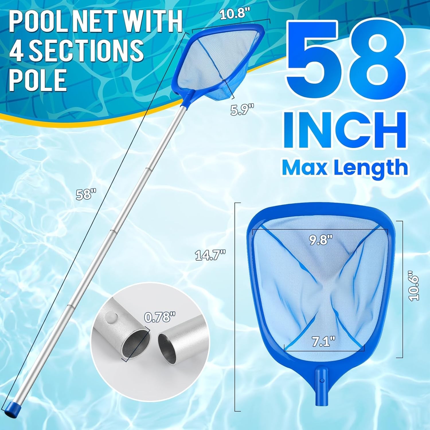 Pool Skimmer Net, Deep Pool Leaf Net with Reinforced Frame, Large Capacity Rake
