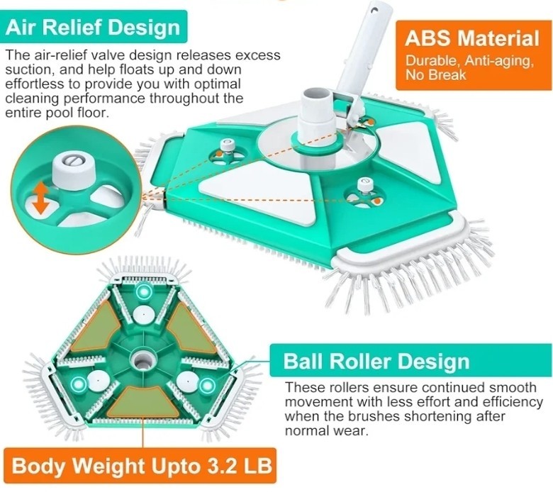 Upgrade Pro Weighted Triangular Pool Rotative Vacuum Head With Brush & Ez Clip H