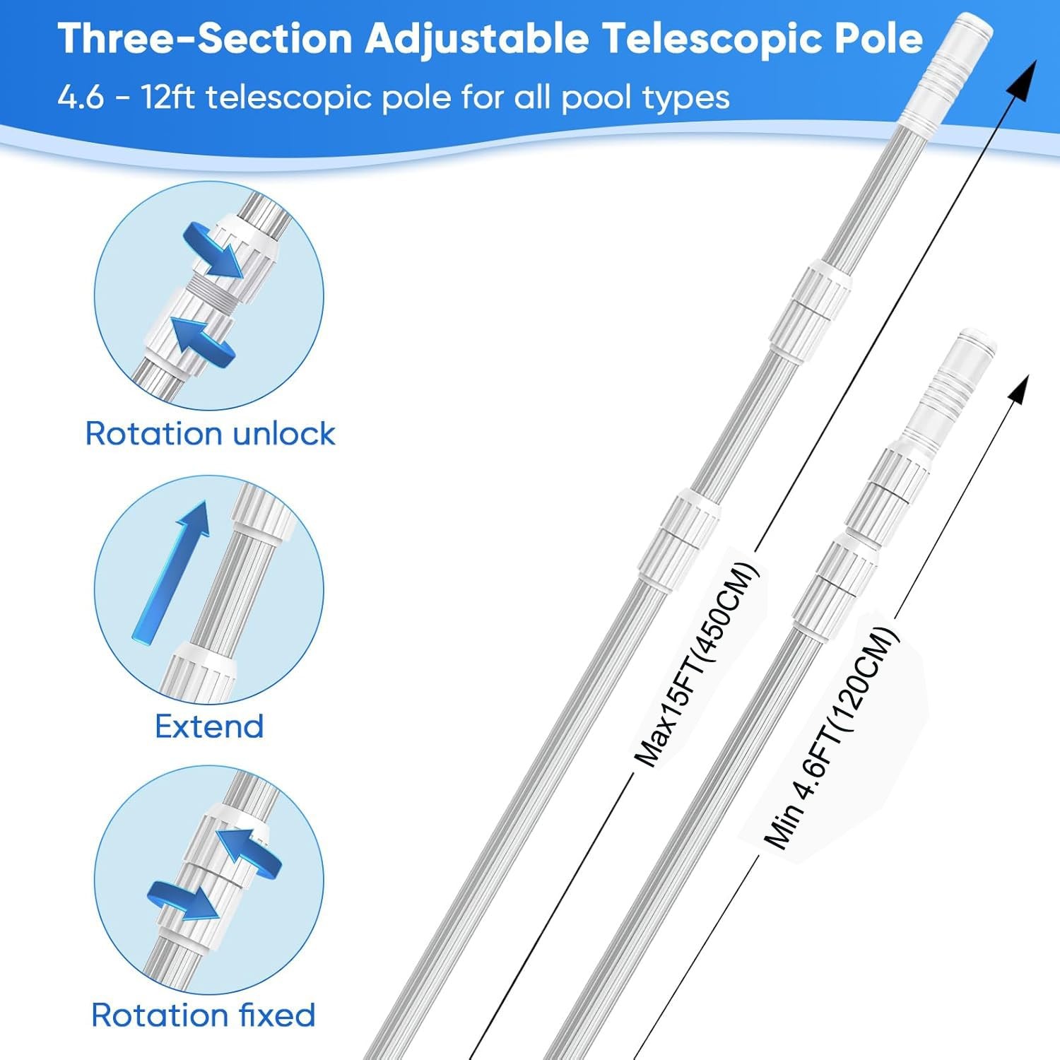 Wxfana 15Ft Telescopic Pool Pole Pool Skimmer Pole Heavy Duty Adjustable 3