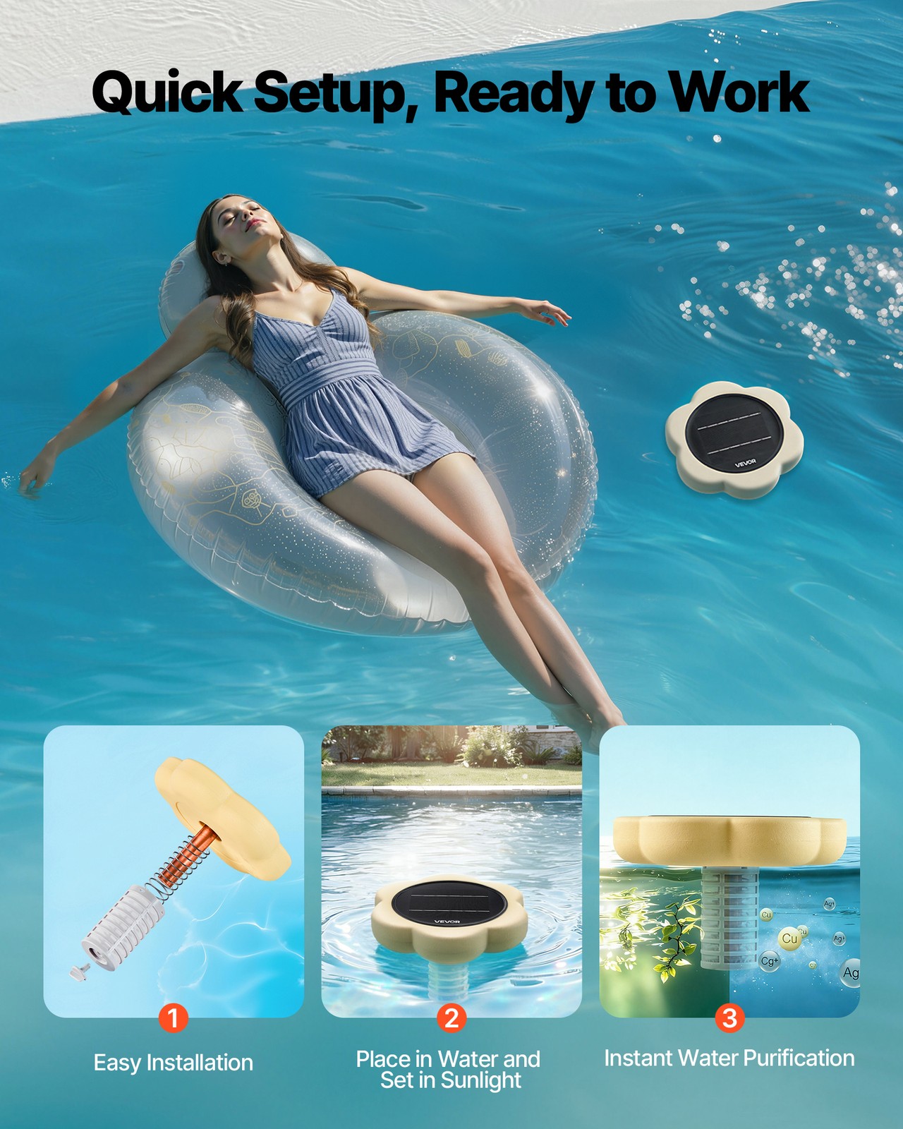 VEVOR Solar Pool Ionizer Petal Copper Pool Ionizer Up to 45000 Gal Yellow