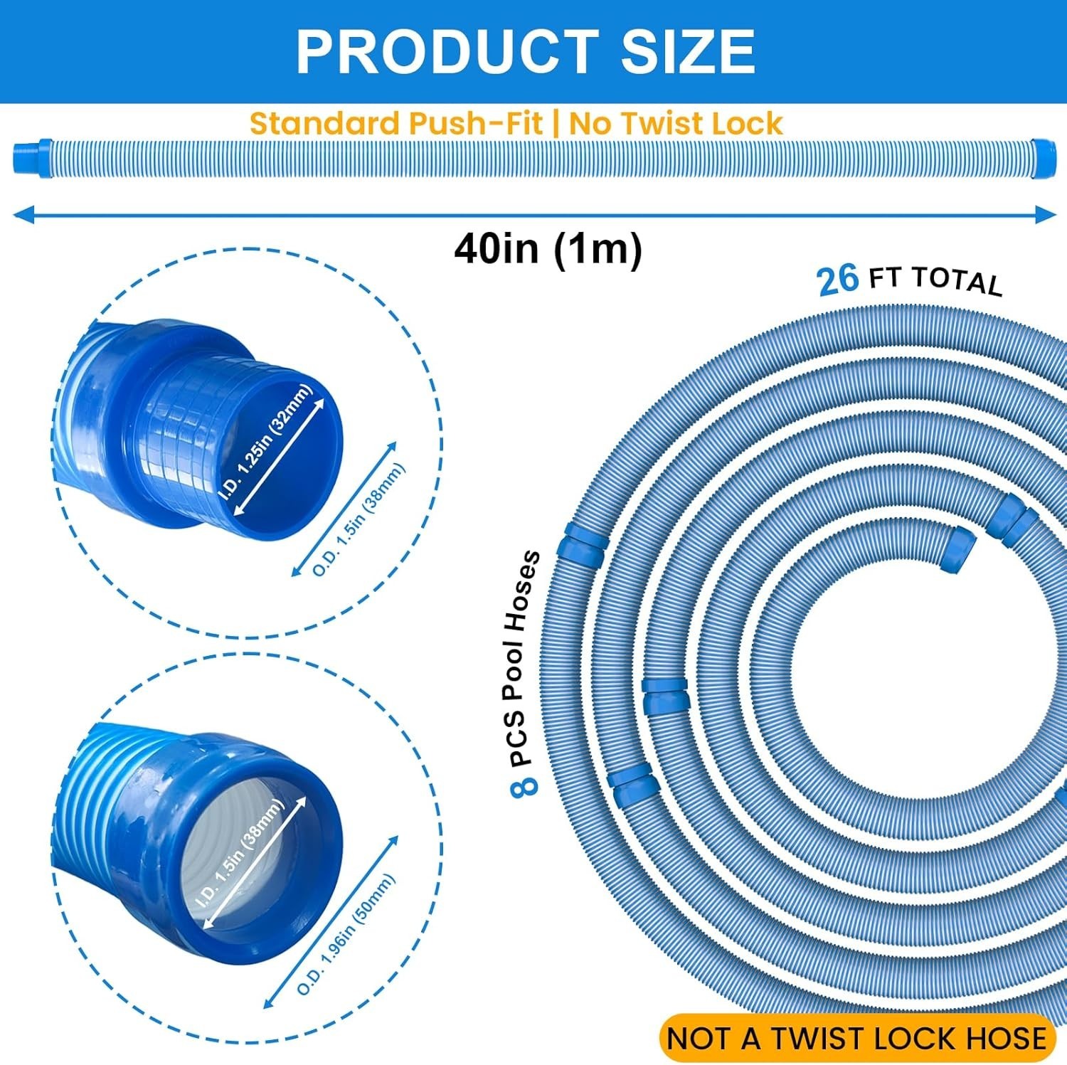 Effortless Pool Maintenance with 26 Feet Vacuum Hose – 1.5 Inch Cuffs Included