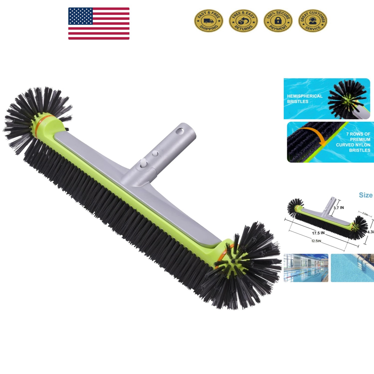 Ergonomic 17.5&Prime; Pool Brush with Hemispherical Bristles for Efficient Cleaning