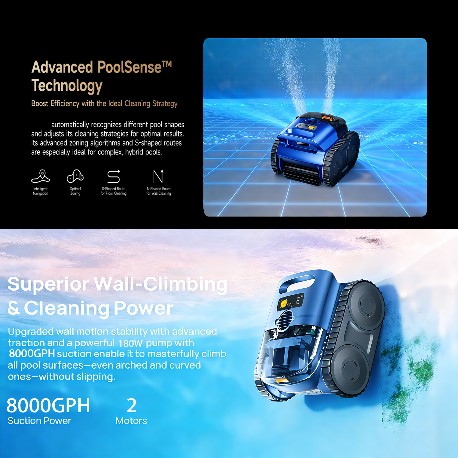 Automatic Pool Vacuum Robot with Wall & Waterline Cleaning for Inground Pools