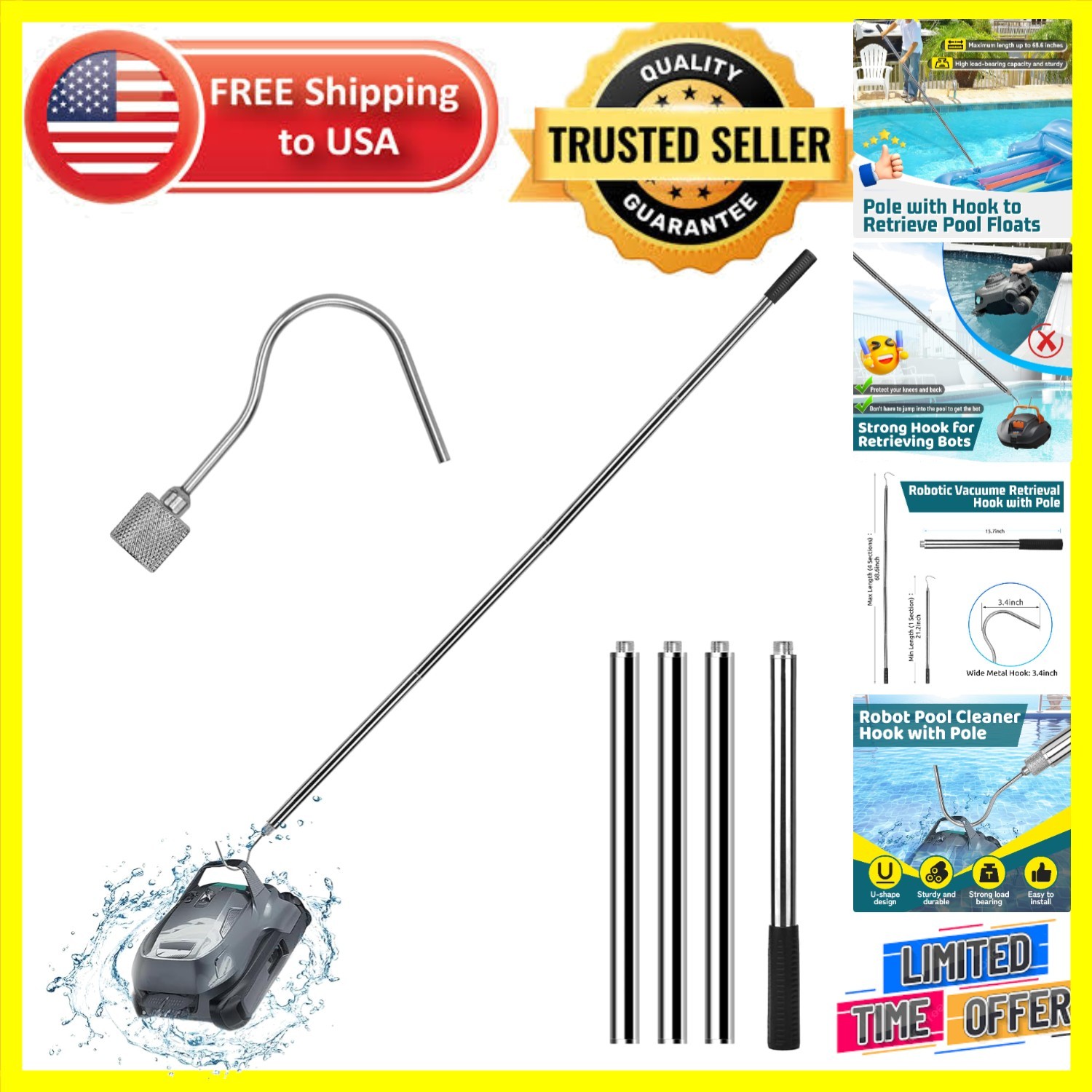 Professional Telescopic Pool Pole with U-Hook for Easy Robotic Cleaner Retrieval