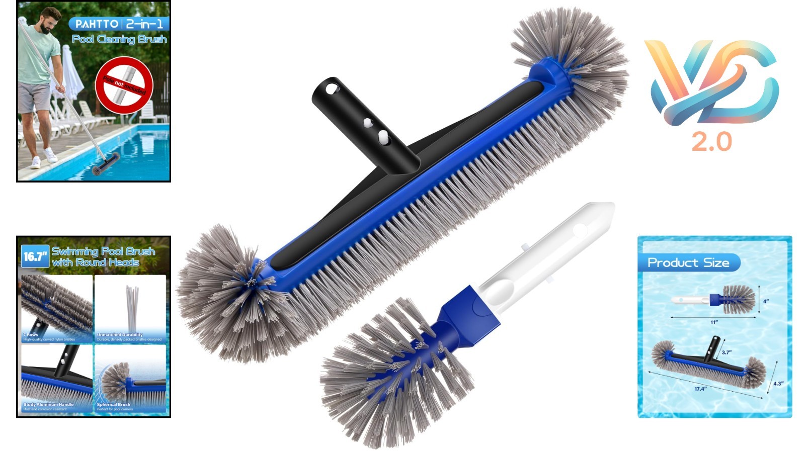 17.4 » Pool Brush Head with Aluminum Handle for Walls, Steps, Corners