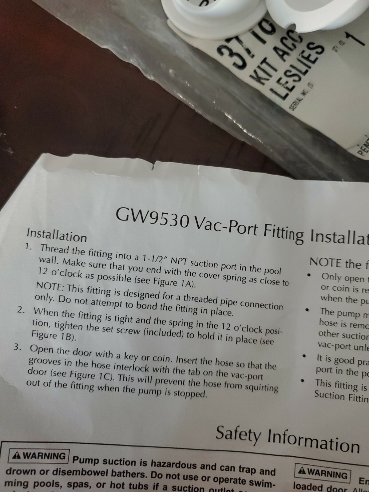 Pentair GW9530 Vac Port Snap-Lock Wall Fitting for Pool or Spa Cleaner + extra