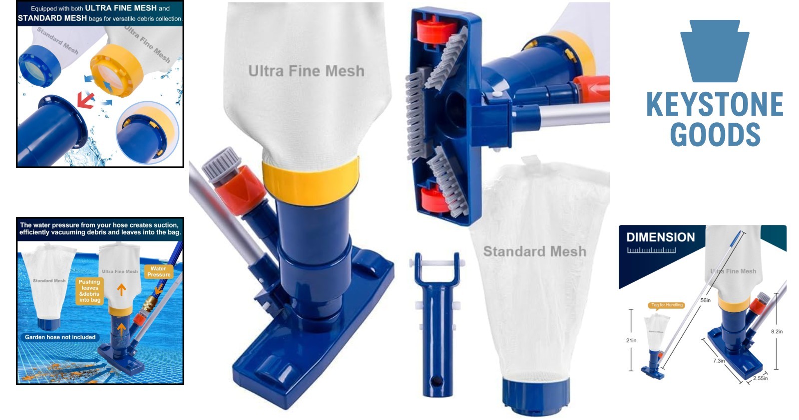 2025 Upgraded Manual Pool Vacuum with Dual Mesh Bags & 56&Prime; Aluminum Pole
