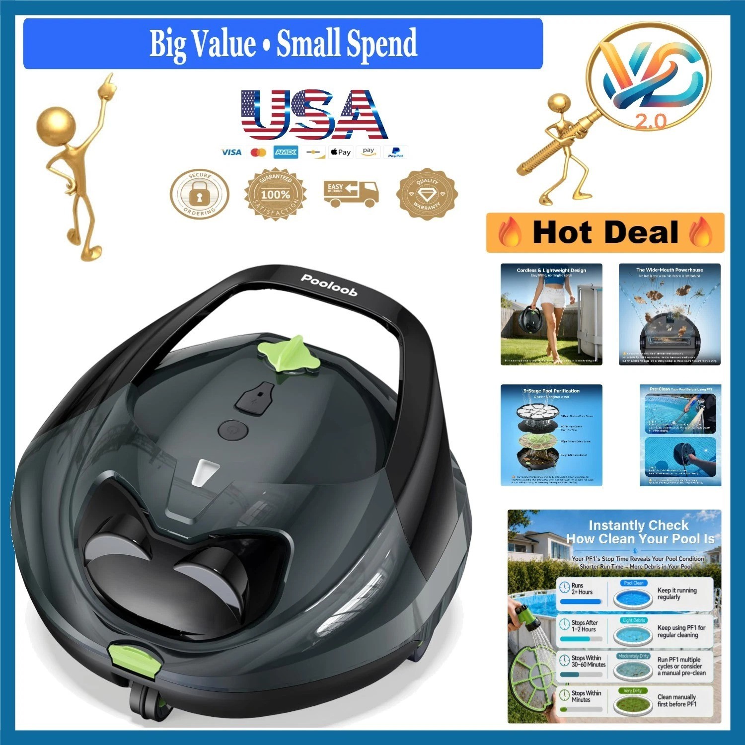 PF1 Cordless Pool Vacuum Cleaner Robot for Above & In-Ground Pools