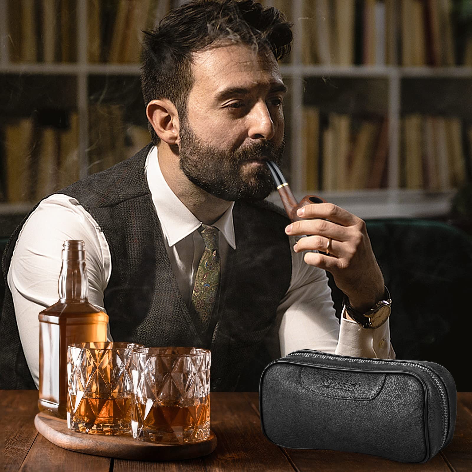 Scotte Tobacco Smoking Pipe,Leather Pipe Pouch Pear black 2, brown