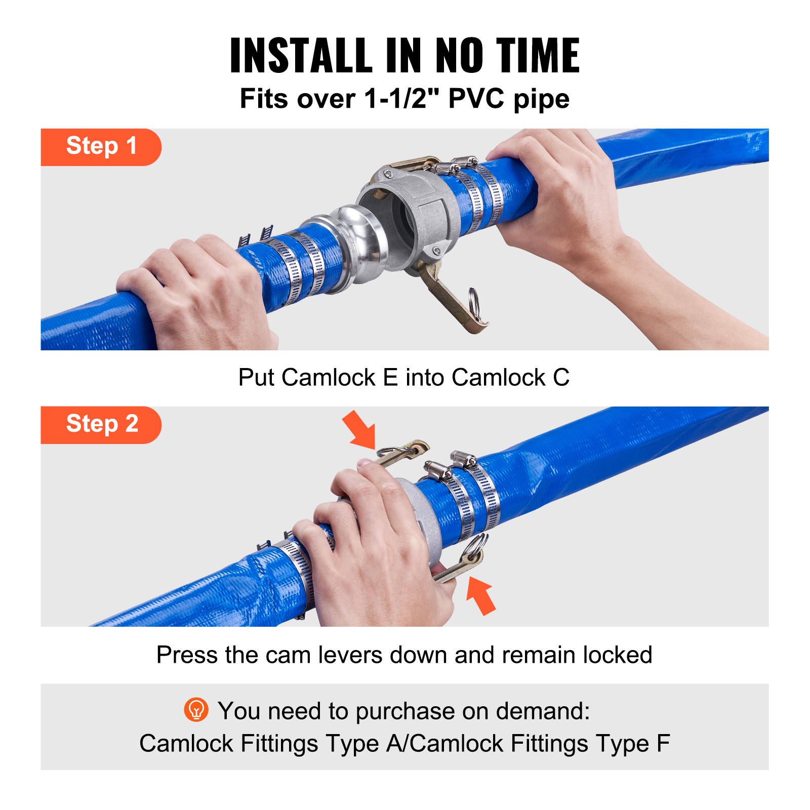 Uimoso Backwash Hose PVC Discharge Hose 2 in x 50 ft with Camlock C & E Fittings