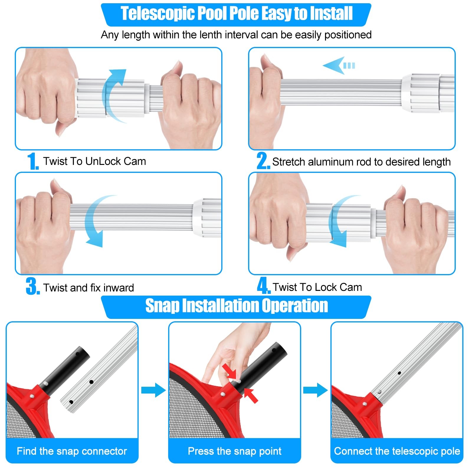 Telescopic Pool Cleaning Pole 16.5 ft – Heavy Duty Aluminum for Skimmer & Rake