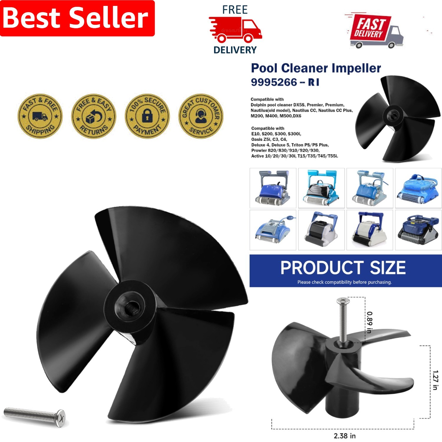 Sturdy Impeller for Maytronics Dolphin Robotic Pool Cleaners – 9995266-R1