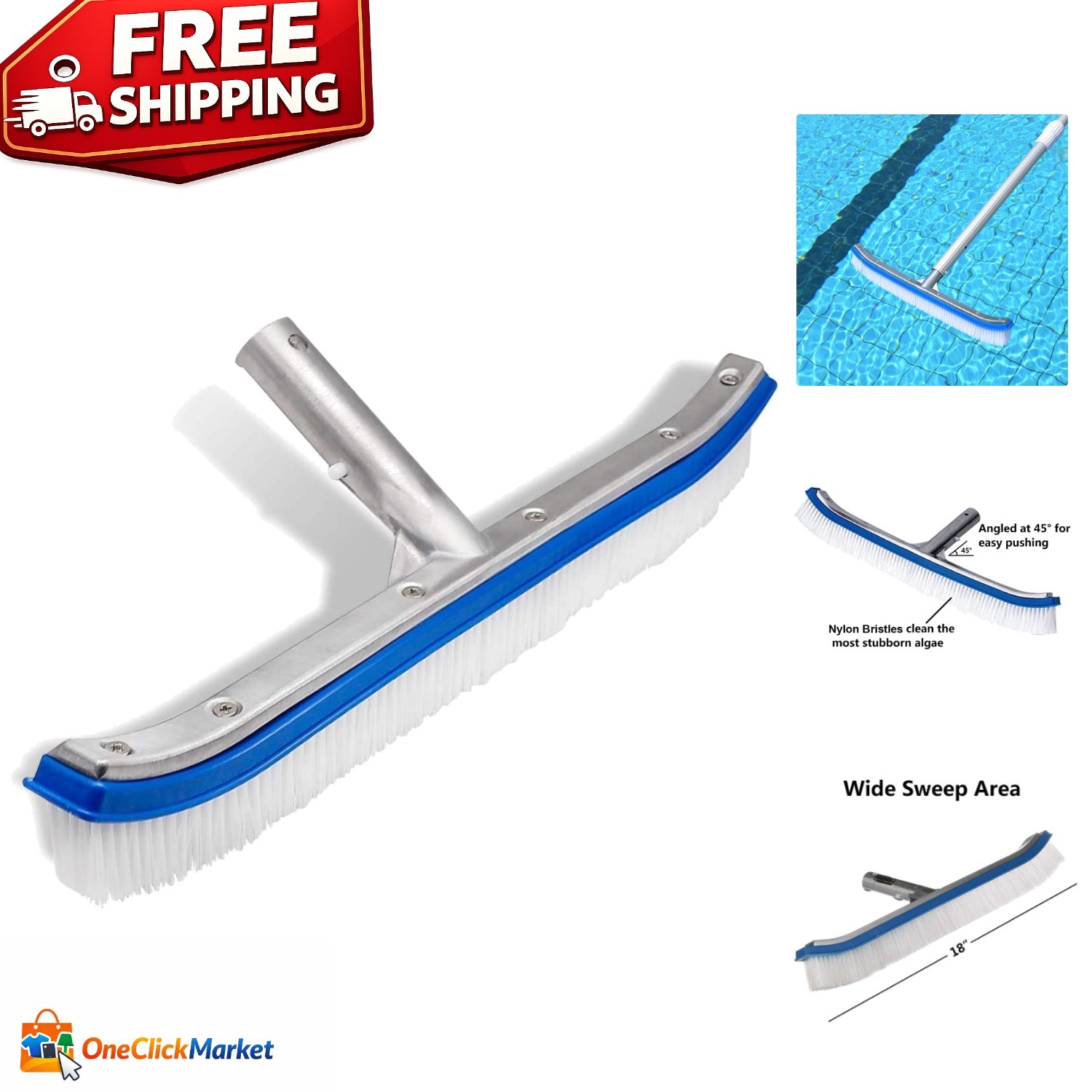 Durable 18-Inch Wall & Tile Cleaning Brush with EZ Clips – Perfect for Pools