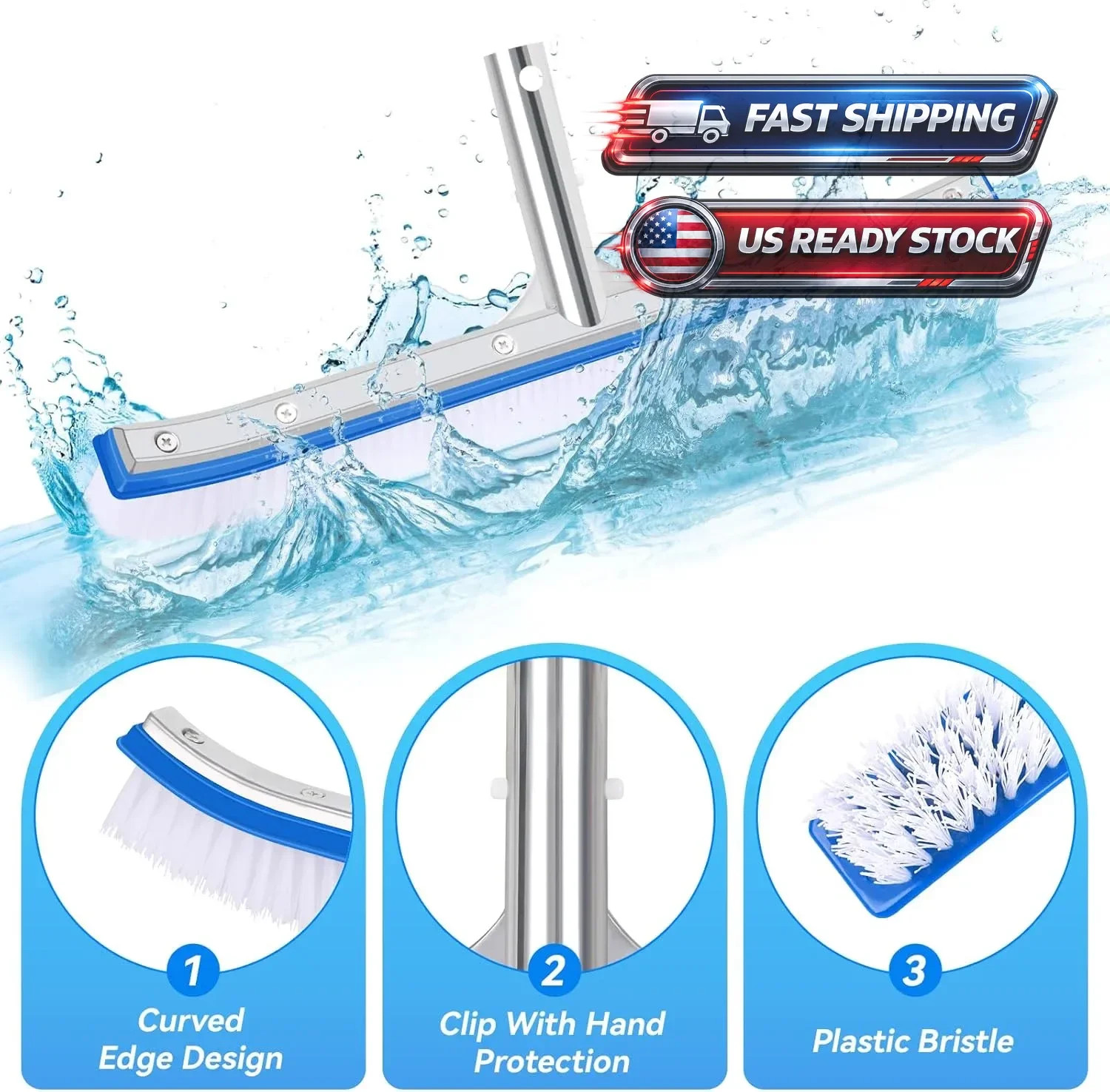 17&Prime; Pool Brush Head for Cleaning Swimming Pool Walls, Curved Ends HighEfficie…