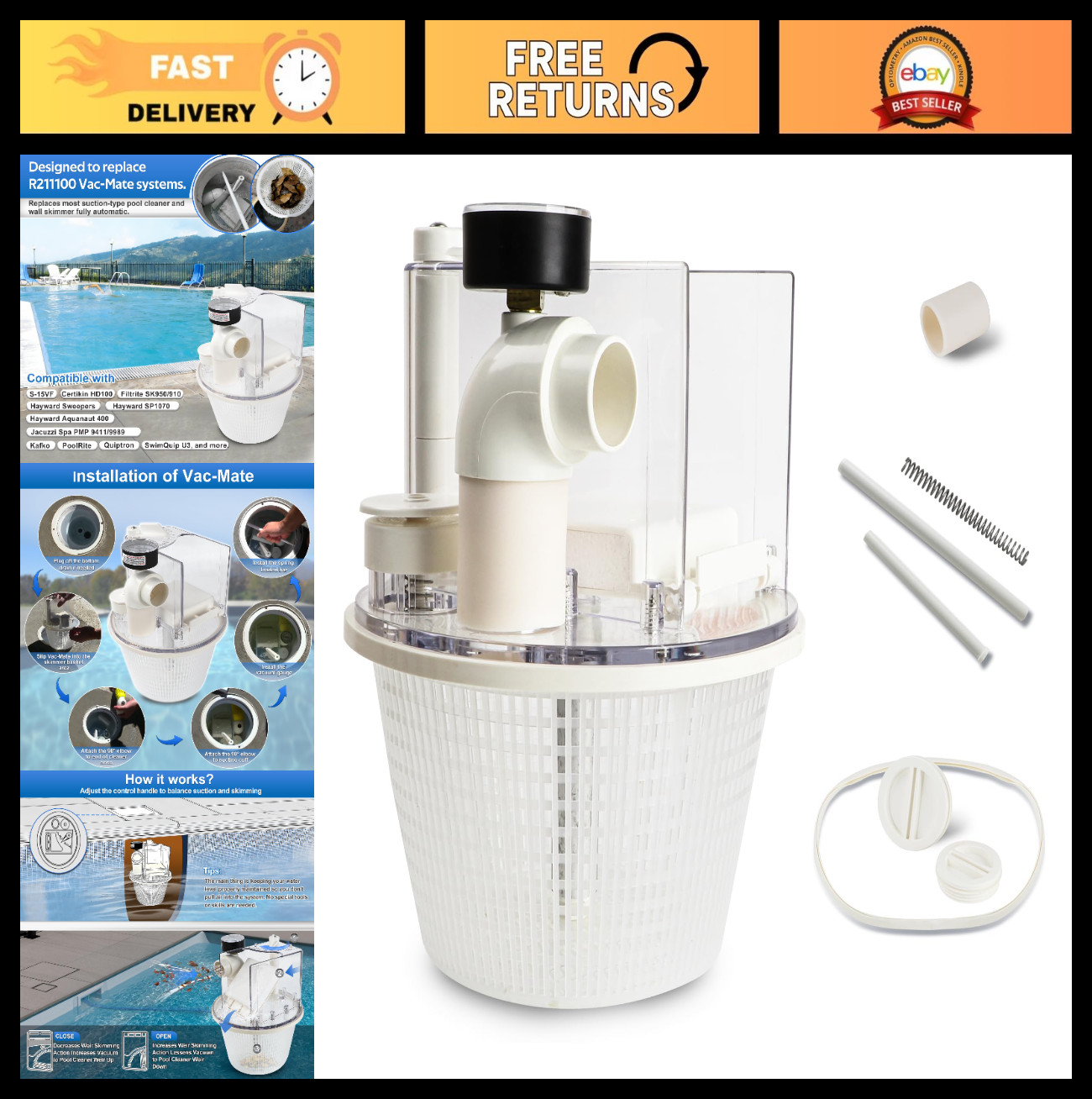 Skim Vac Mate Pool Skimmer Basket Cleaner Vacuum Attachment & Pressure Gauge