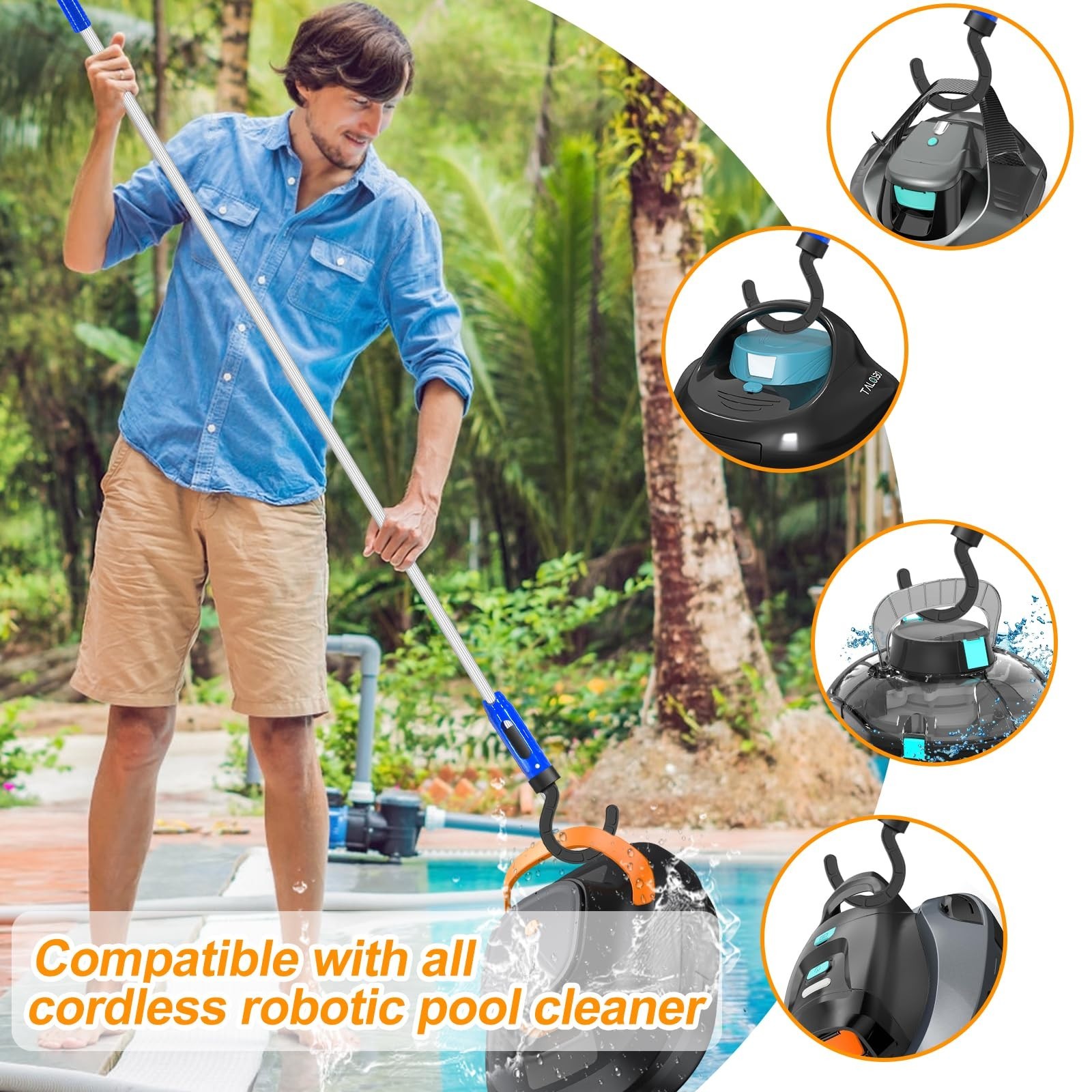 Adjustable Pool Cleaning Pole with 2 Hooks – 5.2ft for Robotic Cleaners, Skimmer