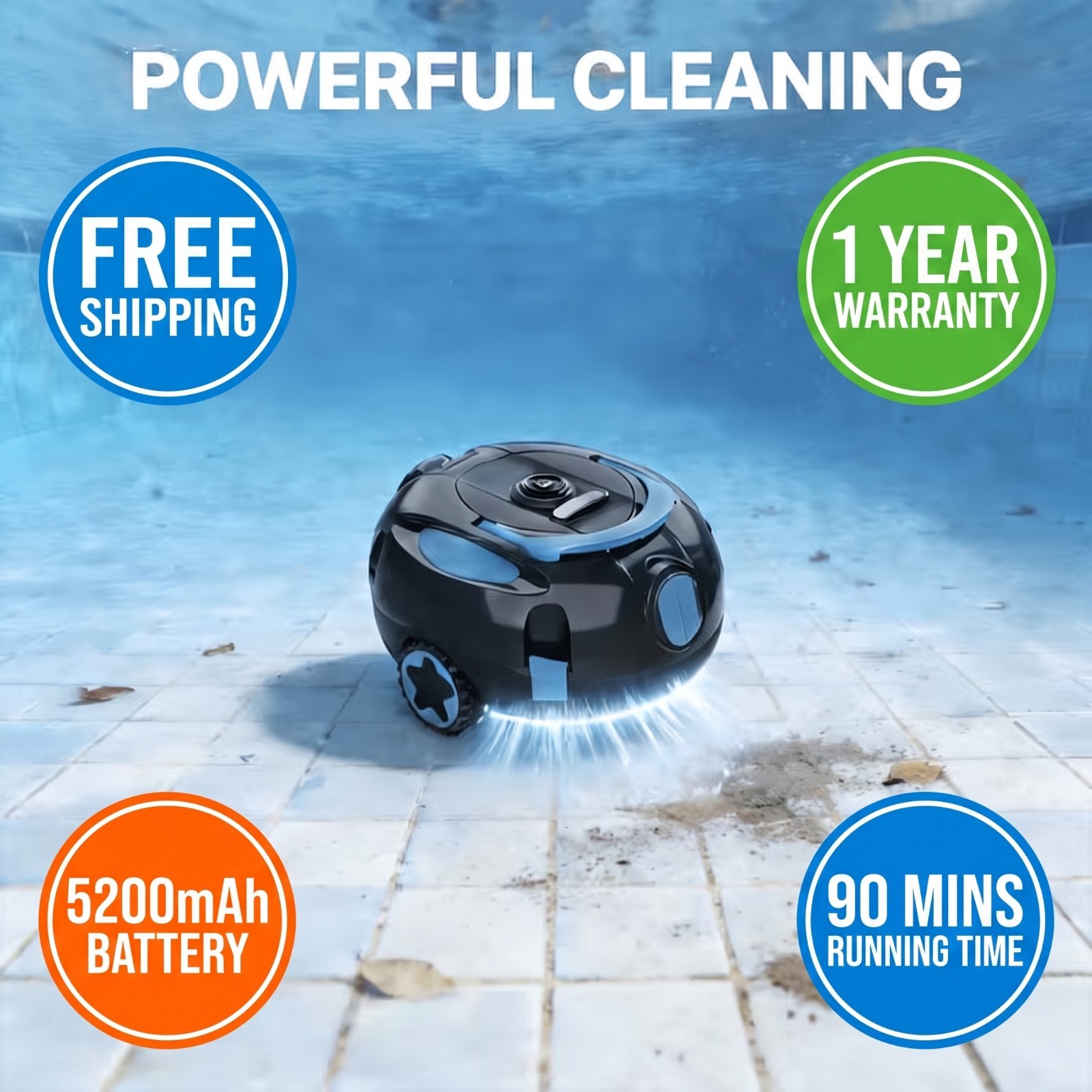 Powerful Cordless Robotic Pool Cleaner 90 Minutes Runtime 1100 Sq.Ft