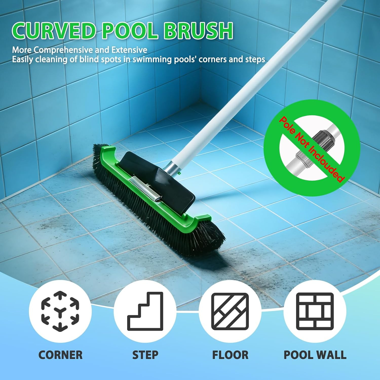 Wide Pool Brush Head, Heavy Duty Pool Scrub Brush with 12-Rows Soft Bristles, In