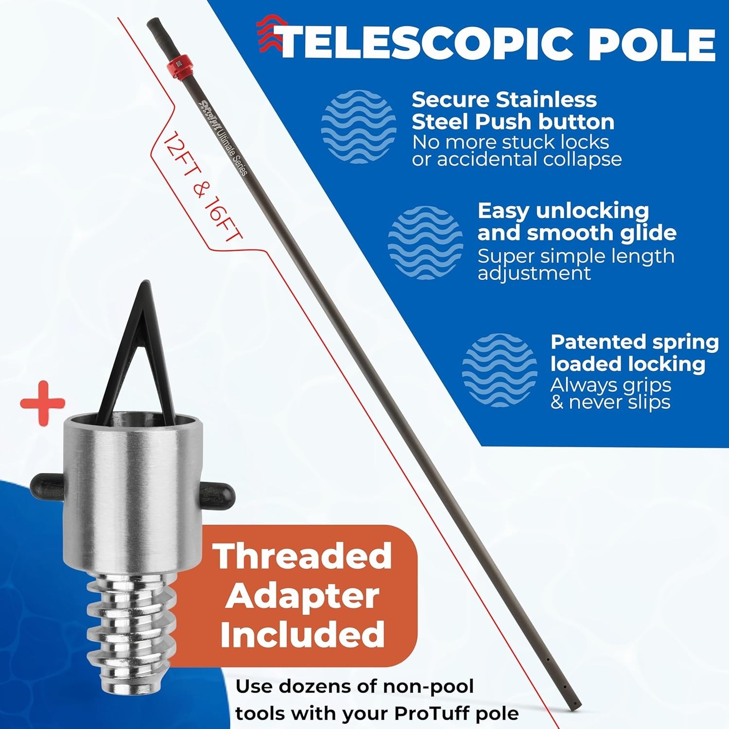 ProTuff 16ft Heavy Duty Telescopic Pool Pole Unconditional Lifetime Replacement
