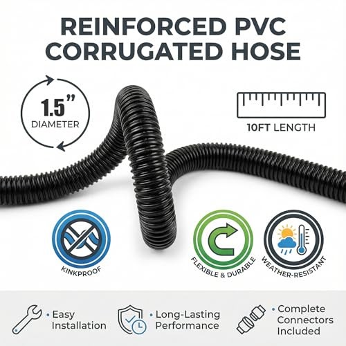 Corrugated Pond Tubing – Flexible, Kinkproof, 1-1/2 Inch 10 Feet – Black
