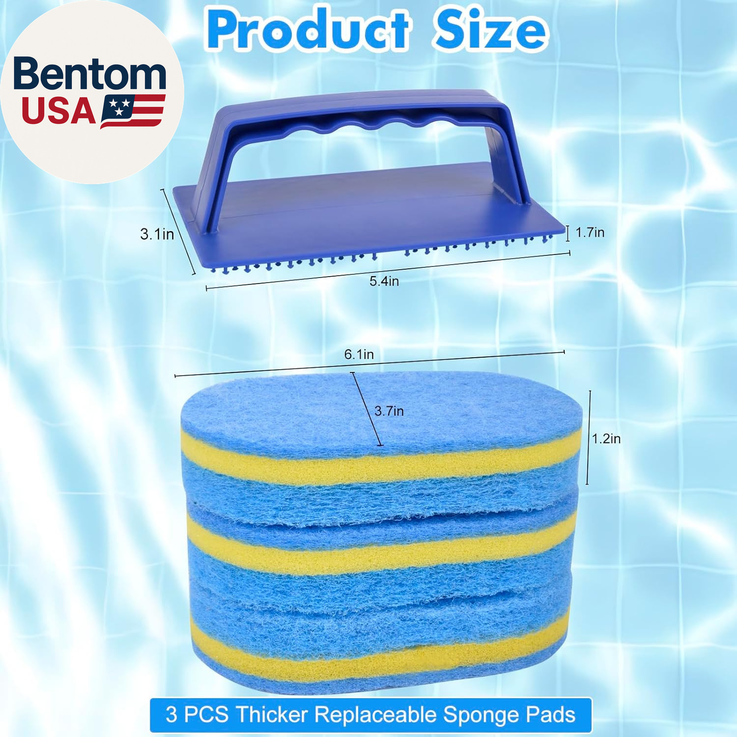 4Pcs Handled Pool Scrubber Brush – Pool Scrub Brush Set with 3 Thicker Replaceab