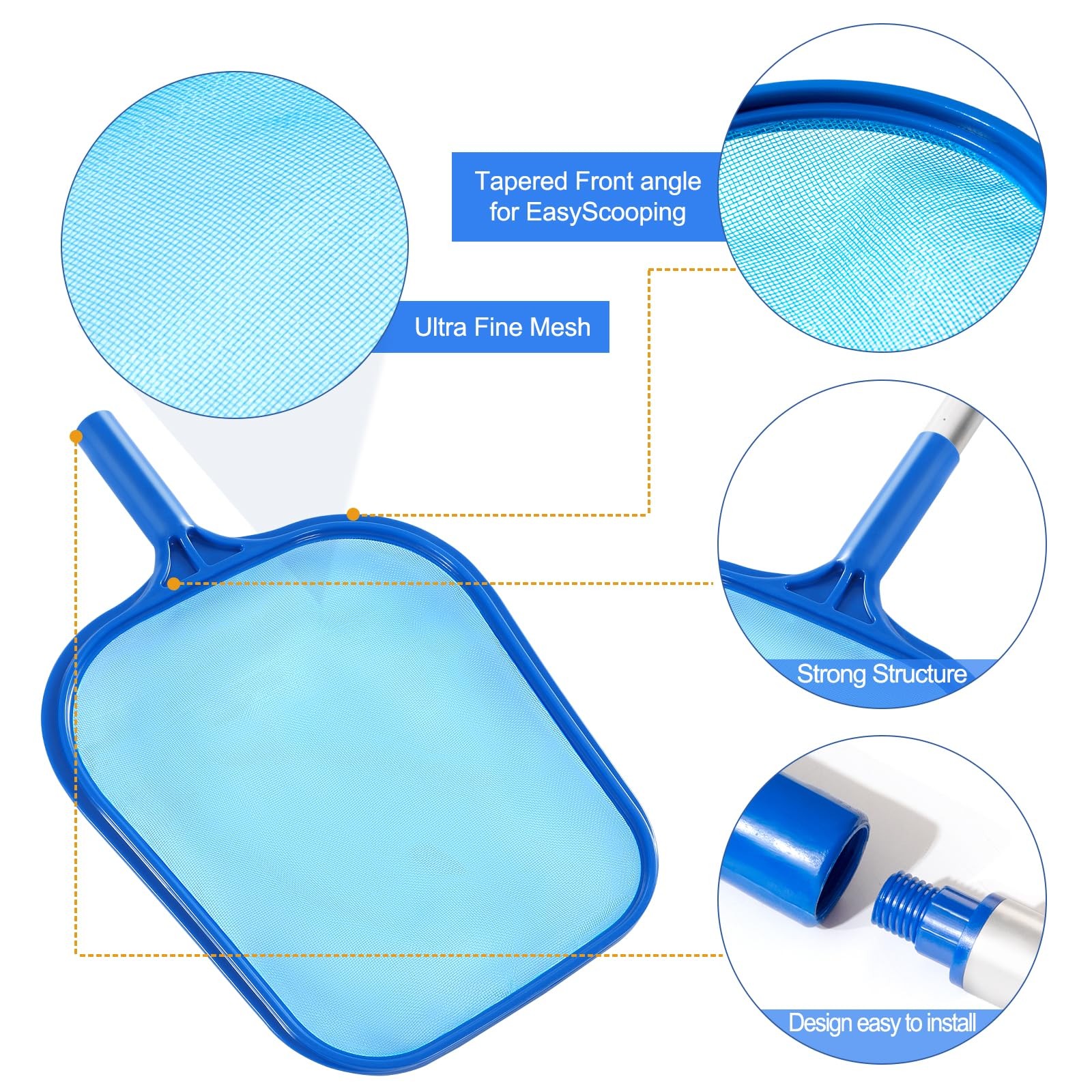 Pool Skimmer Net w/ Adjustable Telescopic Pole for Swimming Pools Spas Hot Tubs