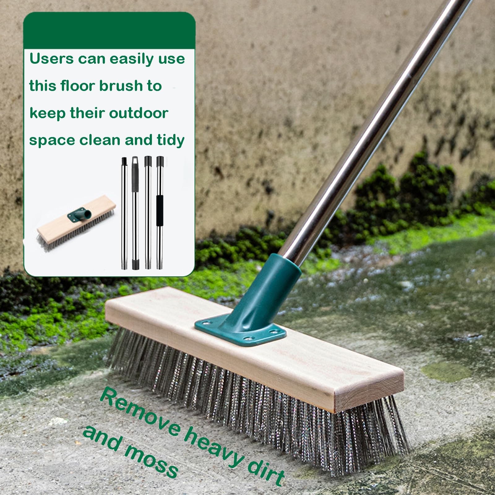 Stainless Steel Wire Brush with Long Handle Deck Broom Brush Floor Scrubber B…