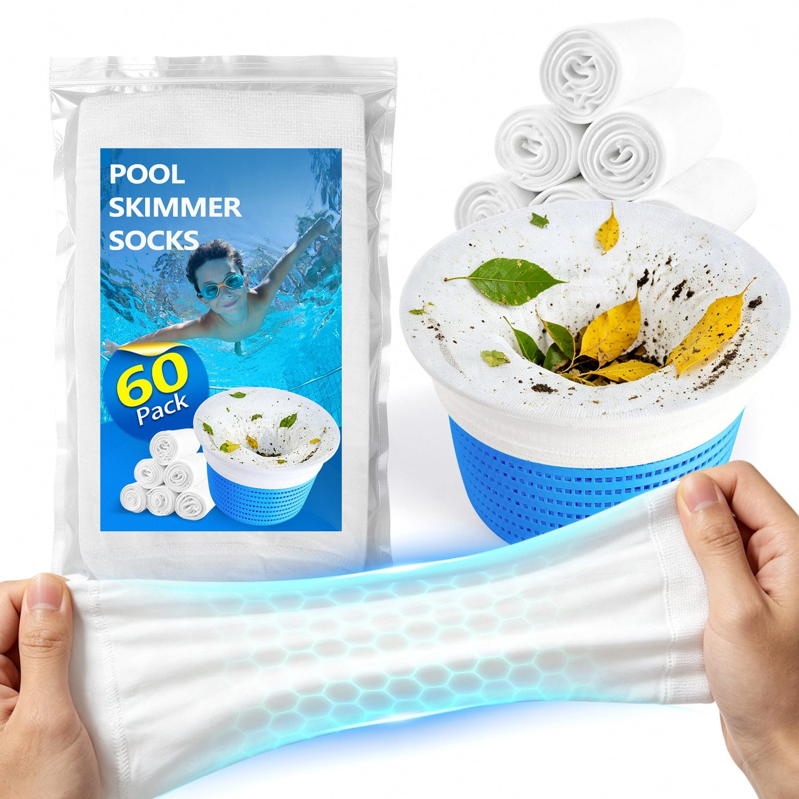 60 Pack Pool Skimmer Socks Ultra Fine Mesh Filter for Clear Water & Debris