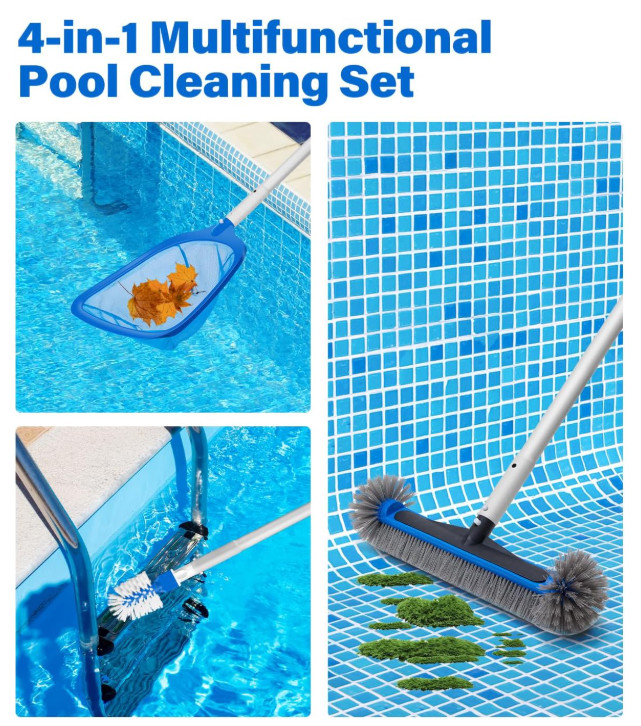 Kit 4 en 1 limpieza de piscina: red fina, cepillo, cabezal extra y asta 10 pies.
