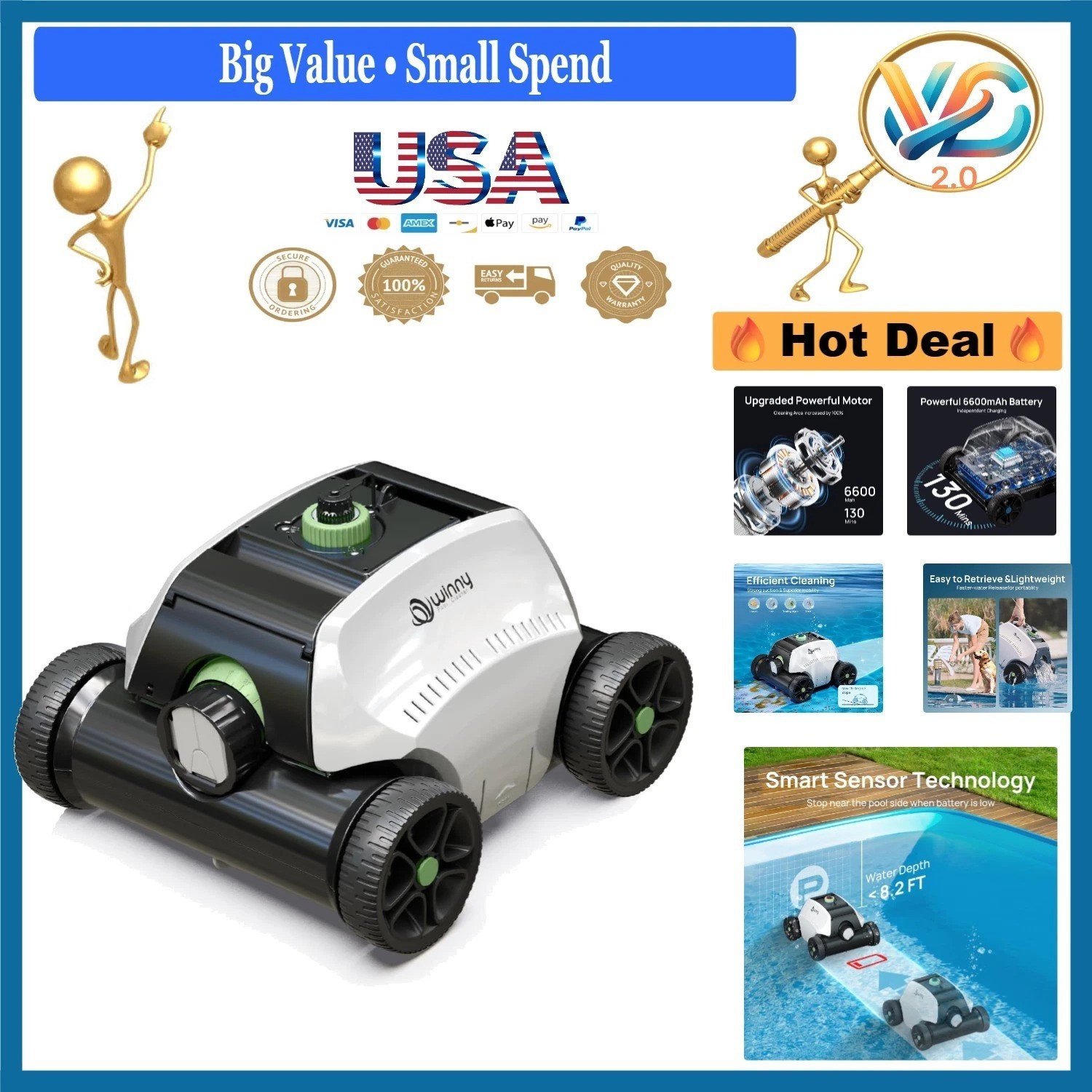 Robotic Pool Vacuum for Above Ground Pool 6600mAh 130 Min Run White&Green