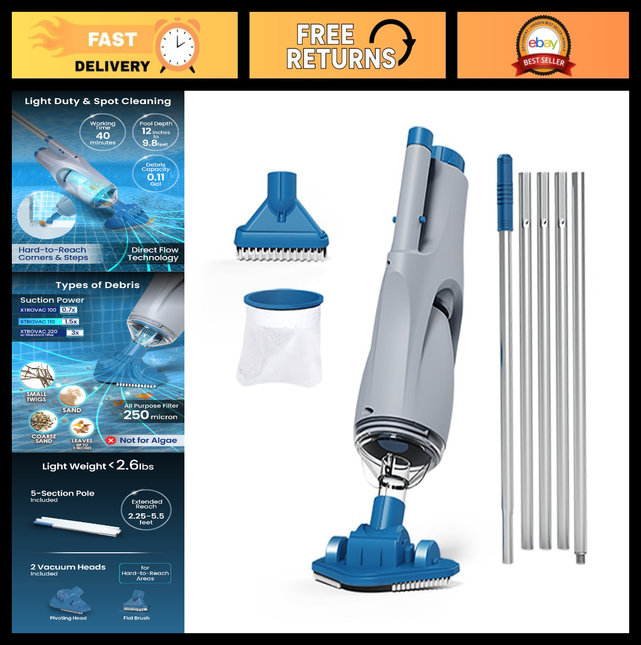 Cordless Handheld Pool Vacuum for Above Ground & Inground Pools, 6ft Pole, 2 Bru