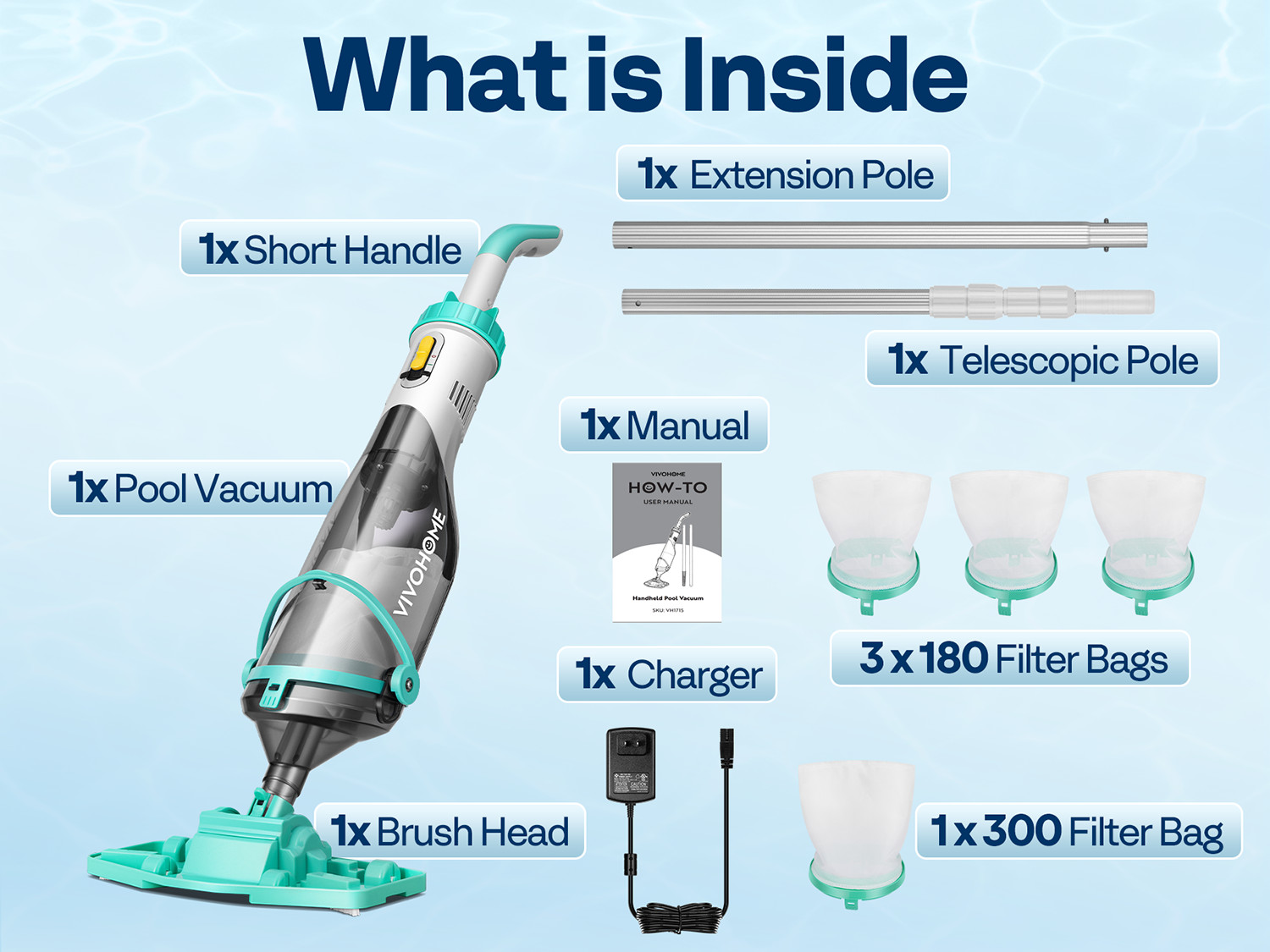 Cordless Pool Vacuum with Telescopic & Extension Poles 9.12ft, 18.5 GPM Suction