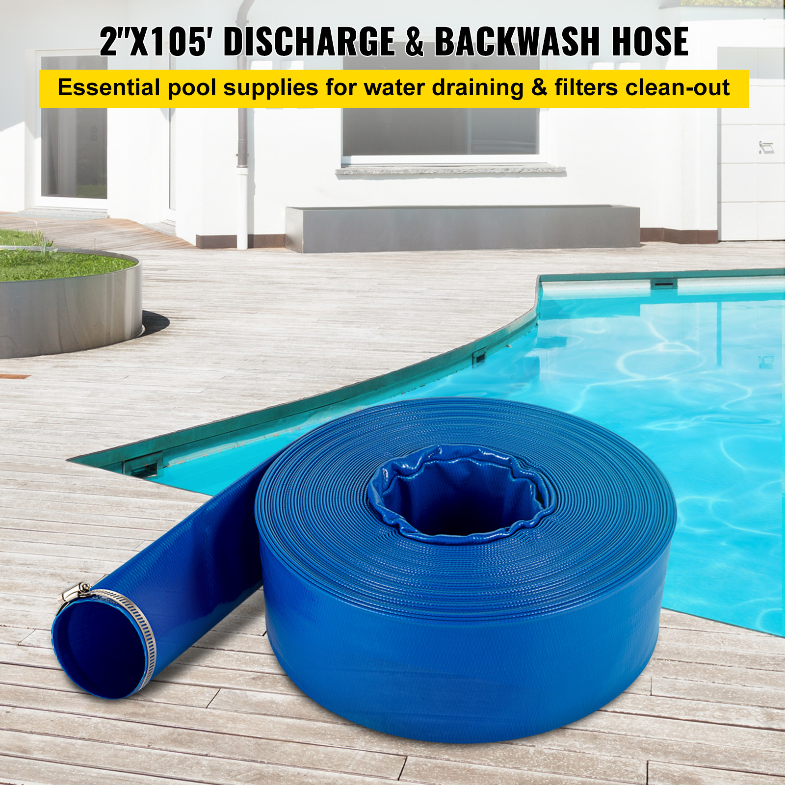 VEVOR Discharge Hose Lay Flat Hose 2&Prime; x 105&prime; PVC Backwash Drain Hose w/Clamp