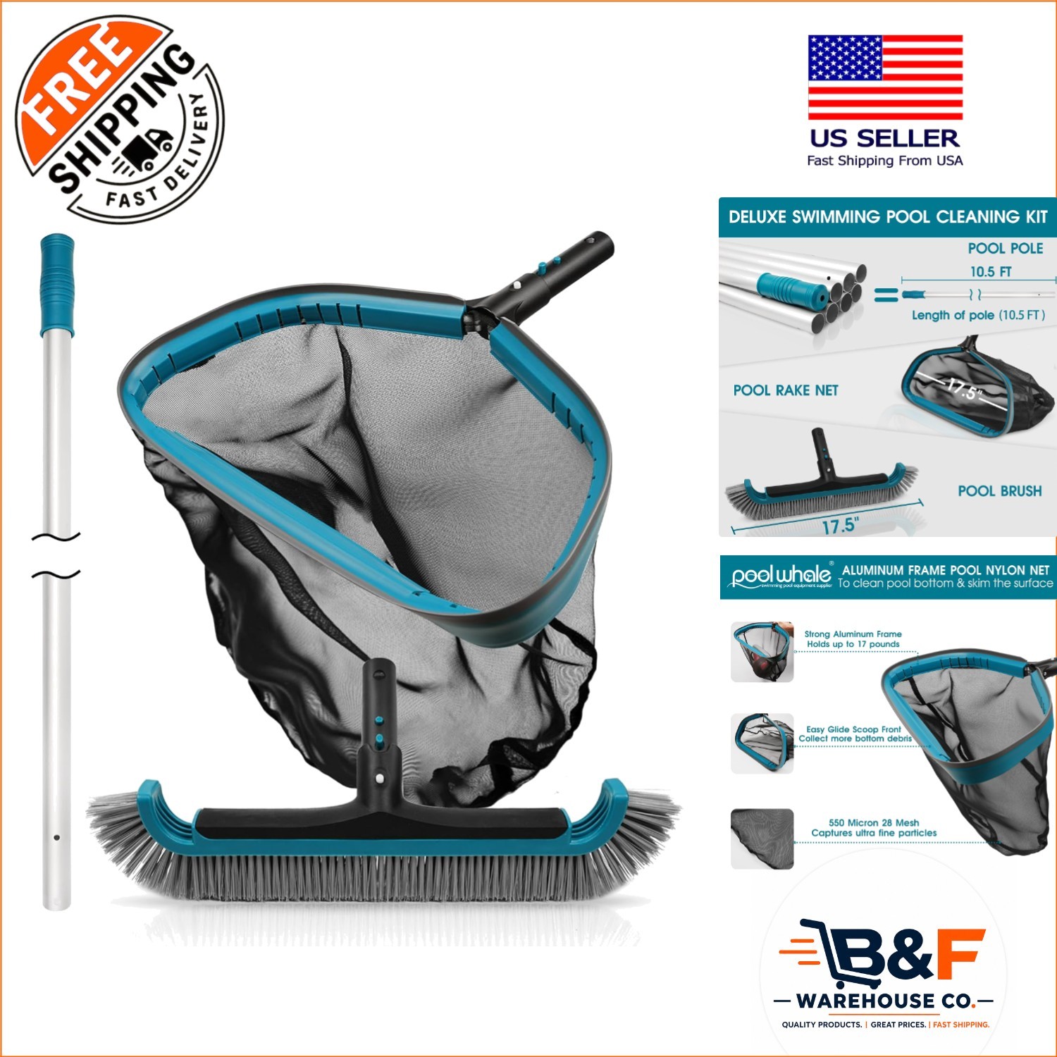 Effortless Pool Cleaning Kit with Adjustable Pole and 17.5 » Brush Head Included
