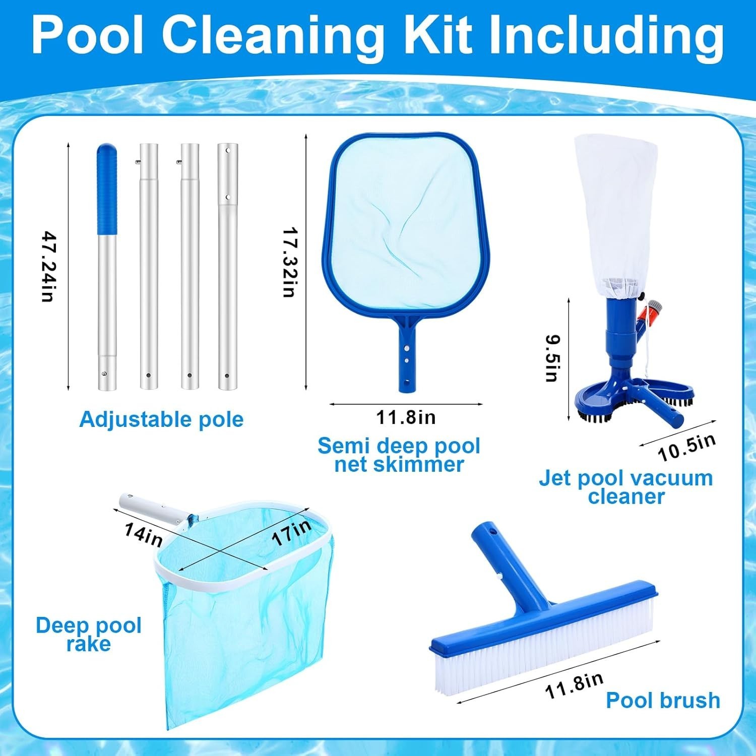 5 Pcs Pool Cleaning Kit Jet Vacuum Skimmer Nets Brush Pole Above Ground Spa