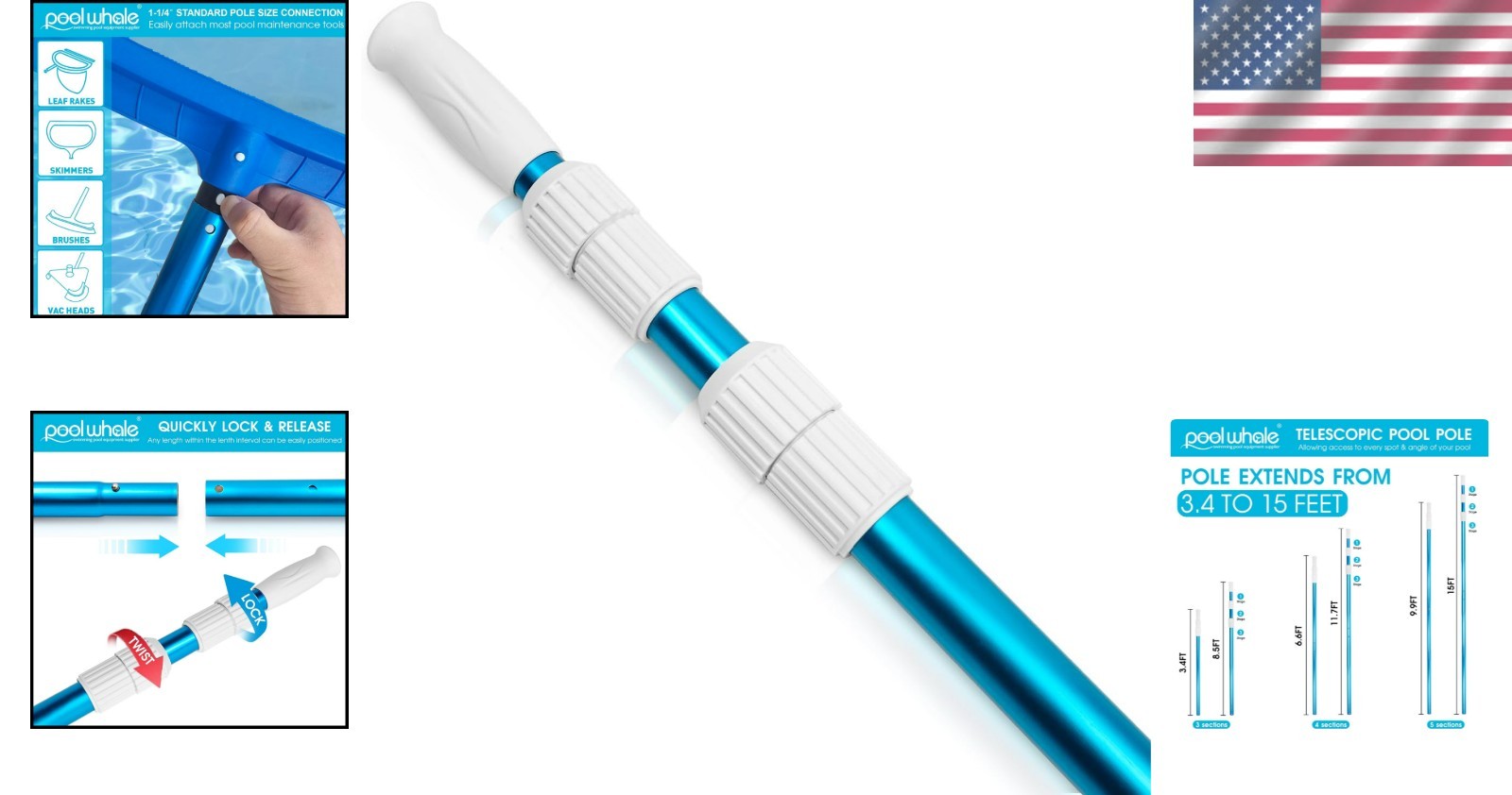 Lightweight Blue Anodized Aluminum 15-Foot Pool Pole for Accessory Attachments