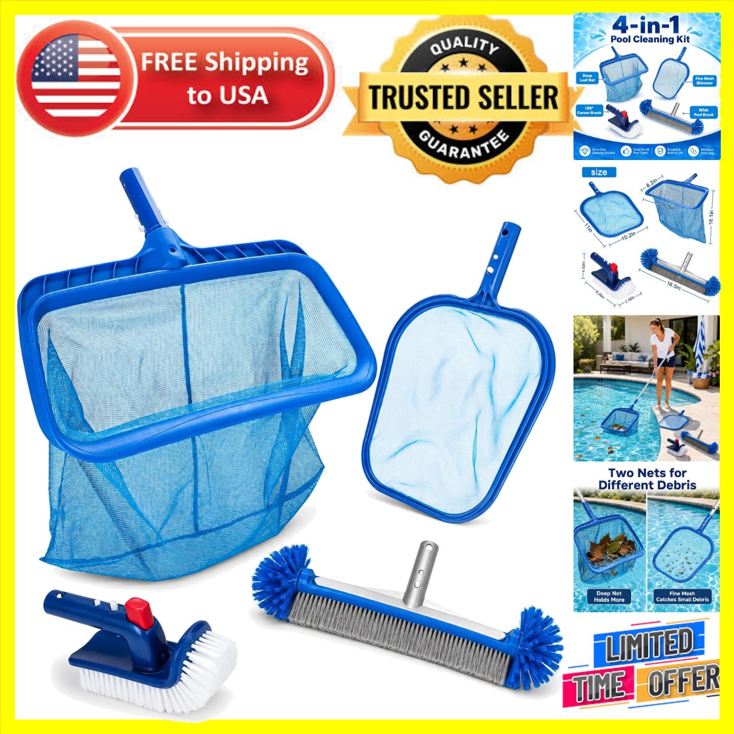 4-Piece Professional Pool Cleaning Kit: Heavy-Duty Skimmer & Brushes Included