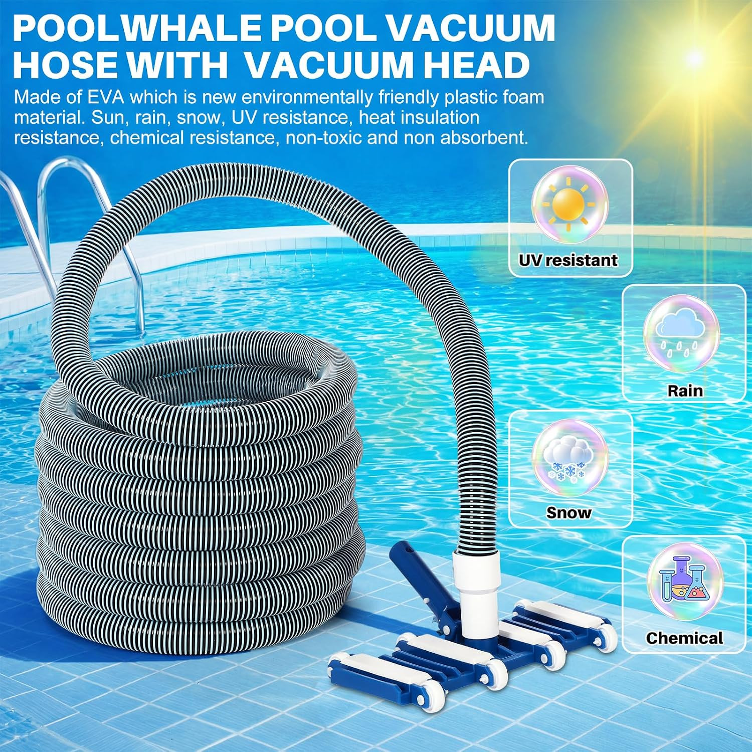 3 Pcs Pool Cleaning Kit 14&Prime; Vacuum Head with Flexible Wheels, 1-1/2 X 18Ft Hoses