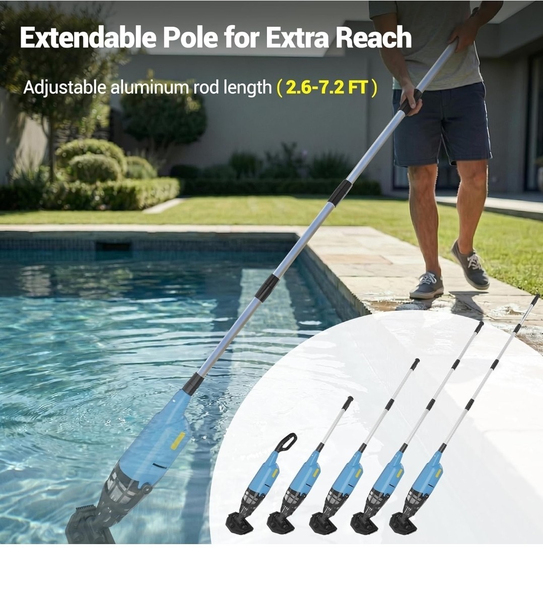 Rechargeable Handheld Telescopic Pool Vacuum 30W 18 GPM 1.1L 60 Min