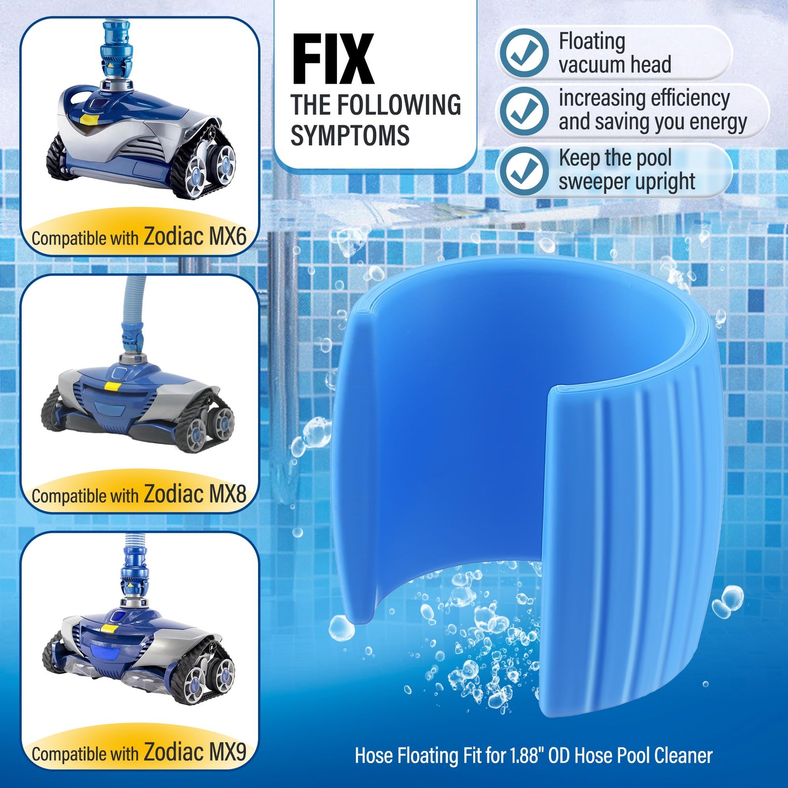 4 Pack Pool Systems Hose Float, Floating Fit 1.88&Prime; OD Hose, with Zodiac/Barac…