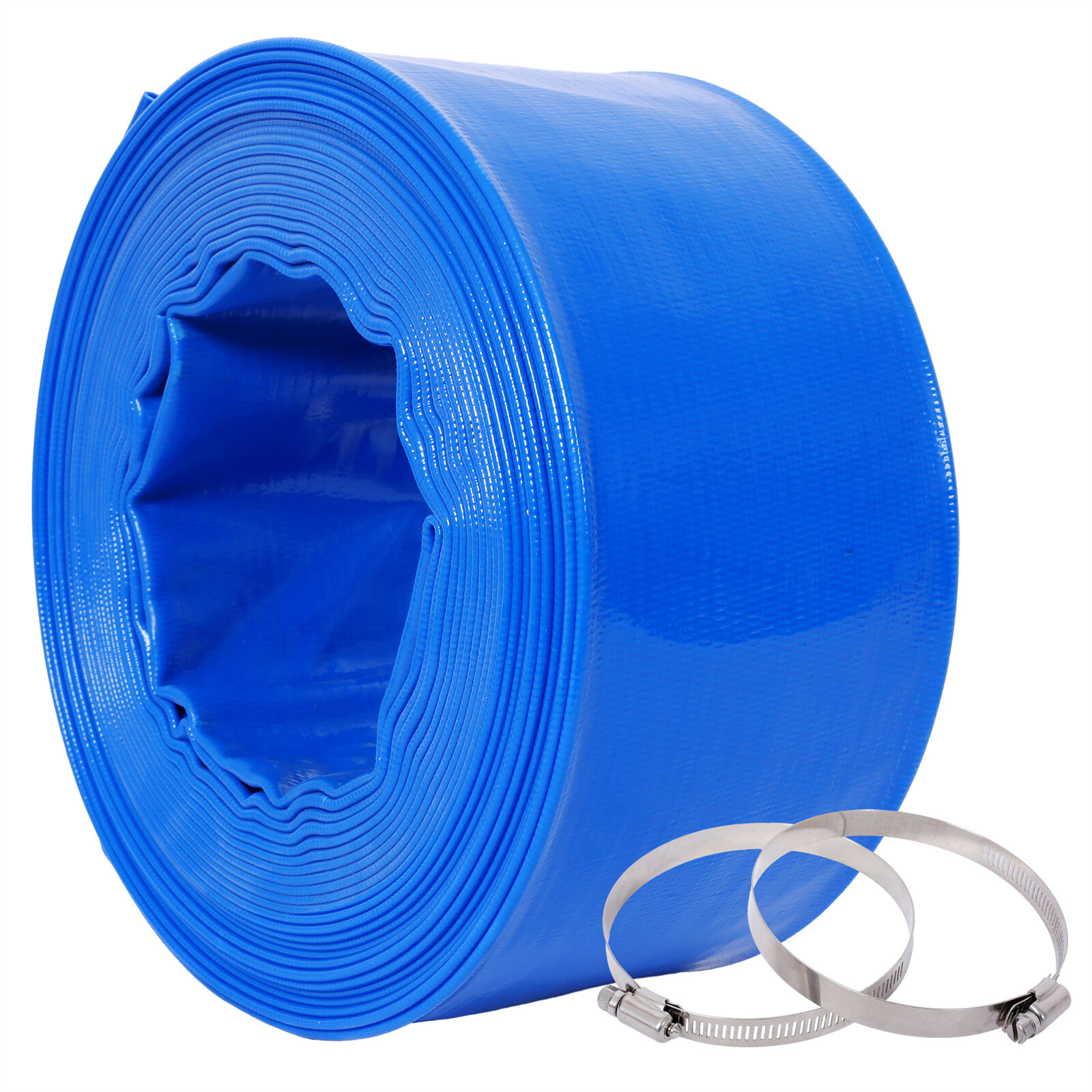 Discharge Hose 3-Inches x 50FT PVC Lay Flat Hose Backwash Drain Hose w/ Clamps