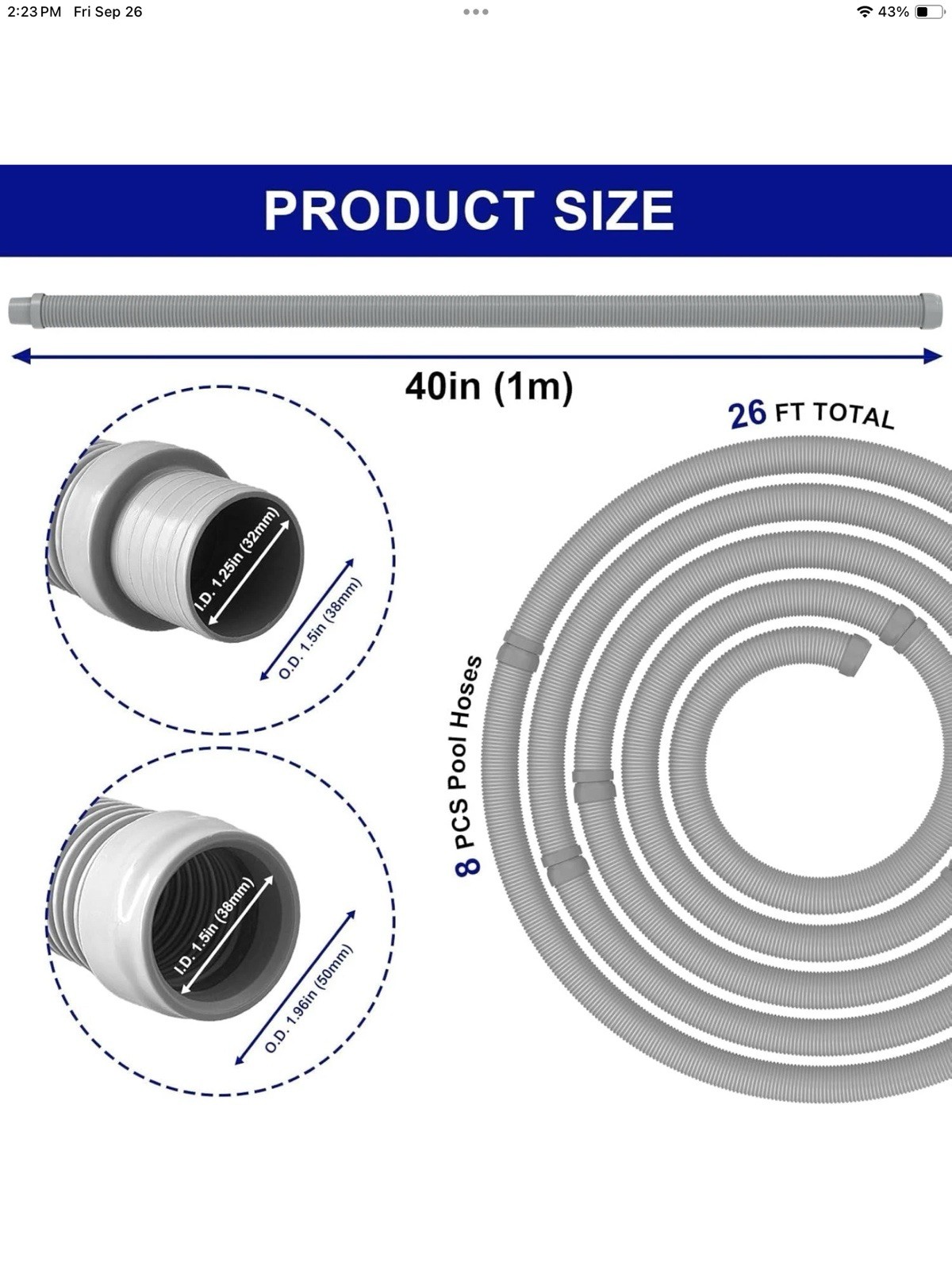 8 Sections of 40 Inch Pool Vacuum Hose – Total 26 Feet for Efficient Cleaning